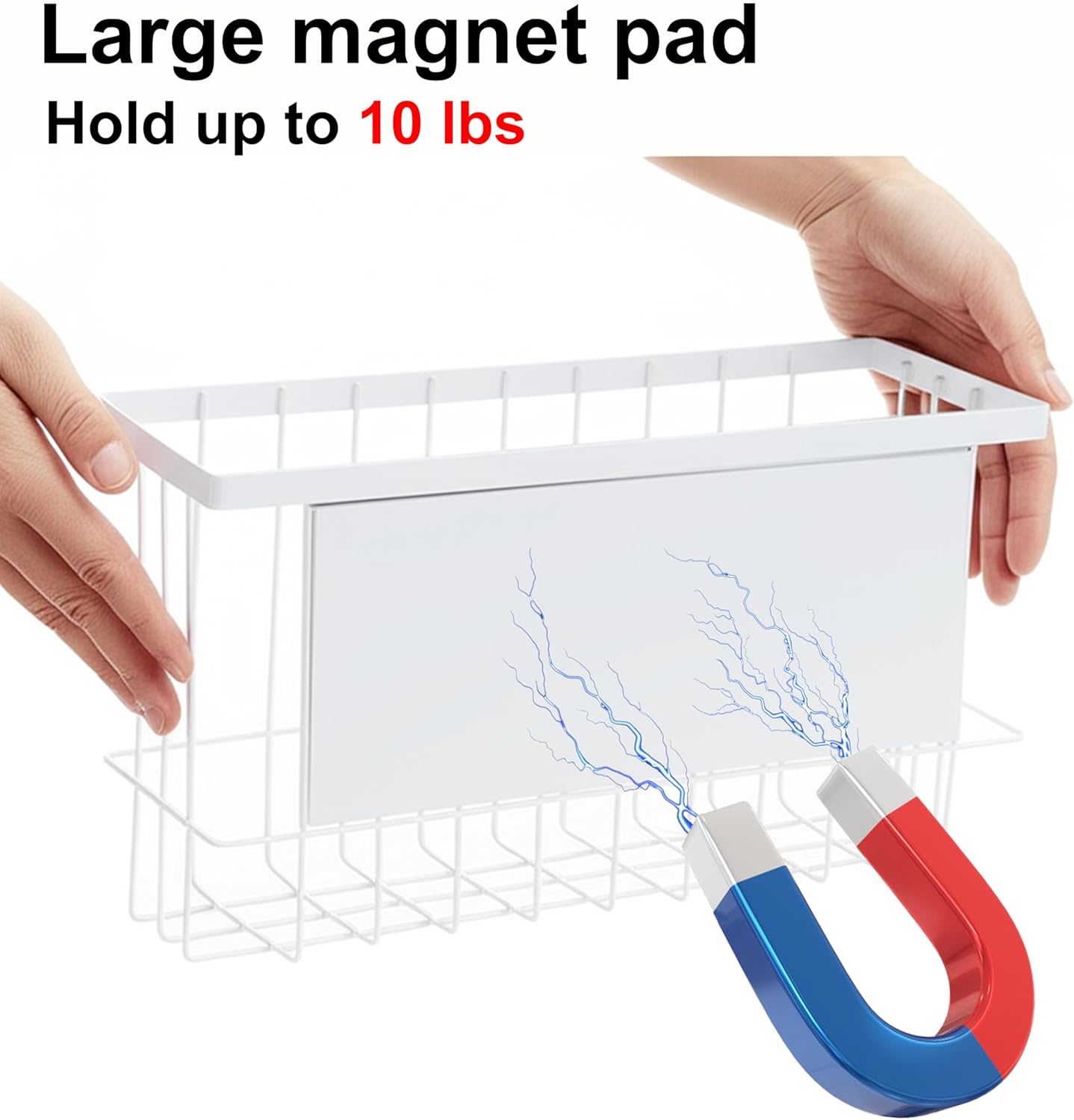 Magnetic Basket for Fridge, Magnetic Fridge Basket, Foil and Plastic Wrap Organizer with 4 hooks, Laundry Room Organization for Dryer Ball, Cling Film, Mail, Umbrella, White, 2 Pack