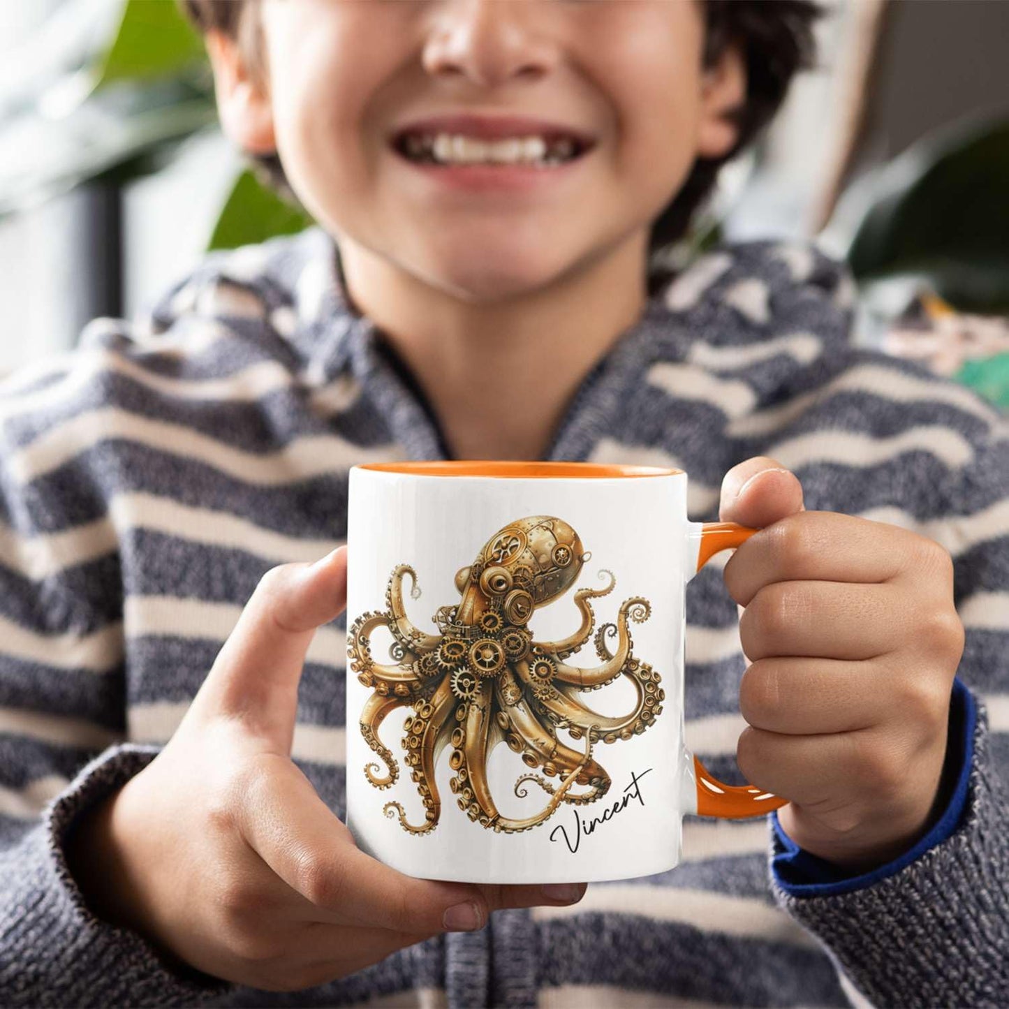 Personalized Unique Name Ceramic Mug 11oz, Customized Steampunk Octopus Mug With Mechanical Themed, Gear-Filled Octopus White Coffee Mug, Gift For Friends, Coworkers, Kids Mug
