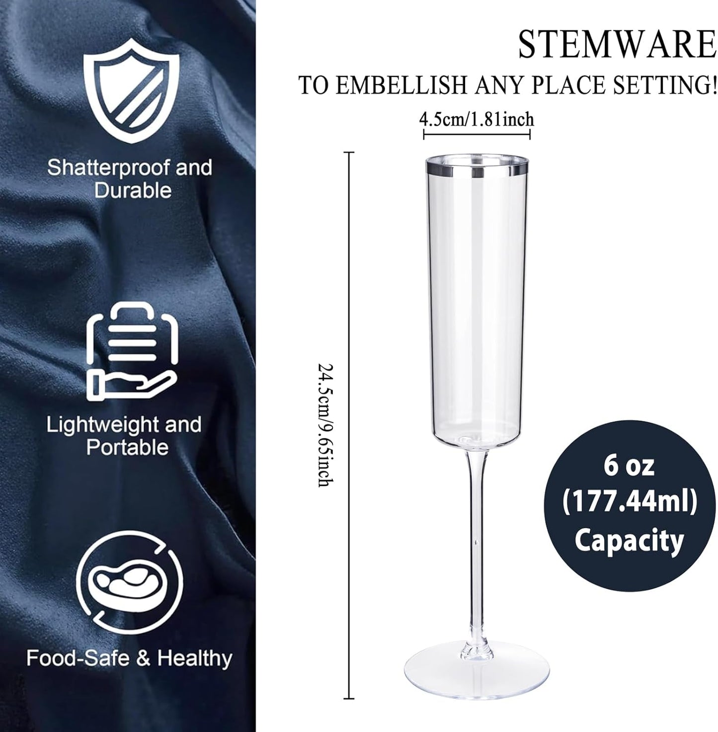 Ciaell 24 Pack Silver Plastic Champagne Flutes - 6 Oz Disposable Champagne Glasses - Square Silver Rim Plastic Toasting Glasses for Party Birthday Anniversary Wedding