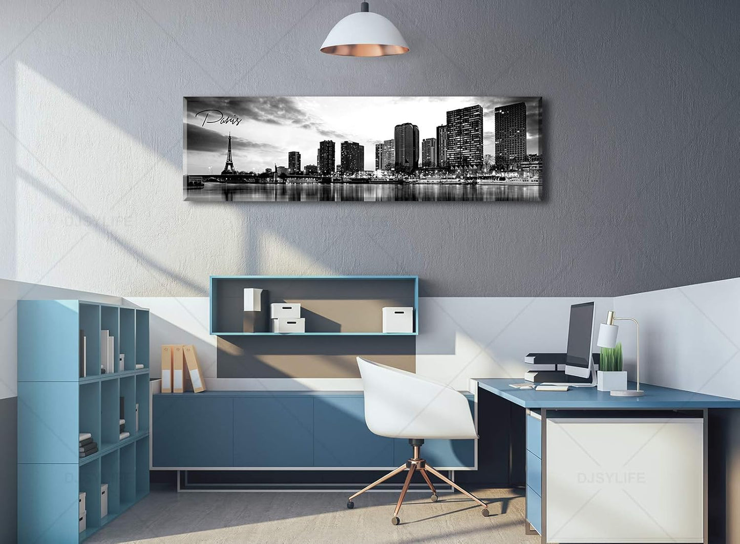 DJSYLIFE Paris Eiffel Tower Skyline Wall Art Black and White Modern City Night View Panoramic Cityscape Picture Paintings Canvas Prints Office Room Home Decoration Artwork Framed 13.8"X47.3"