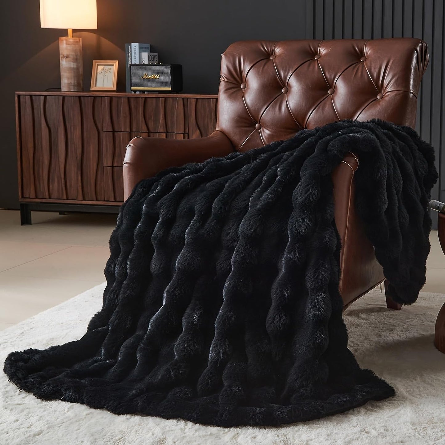 Lotus Karen Faux Fur Blanket Black - Big Bubble Rabbit Fluff King Throw for The Bed Large Fluffy Fuzzy Cozy Thick Furry Plush Shaggy Blankets 108x90 Inches