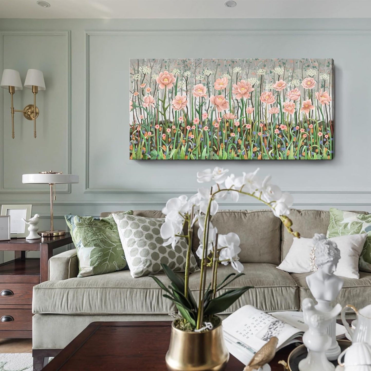 amatop Large Floral Wall Art Modern Abstract Flower Field Canvas Picture Botanical Artwork Rustic Wall Decor for Living Room Bedroom Pink Green Blooming Wildflower Forest Nature Art Print 48x24in