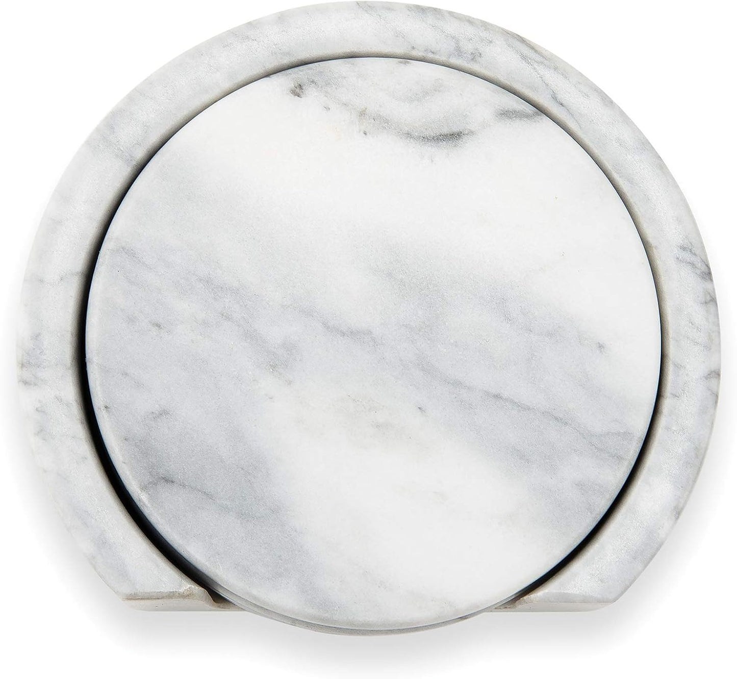 Fox Run Natural Polished Marble Coasters, Set of 4 White Coasters With Holder