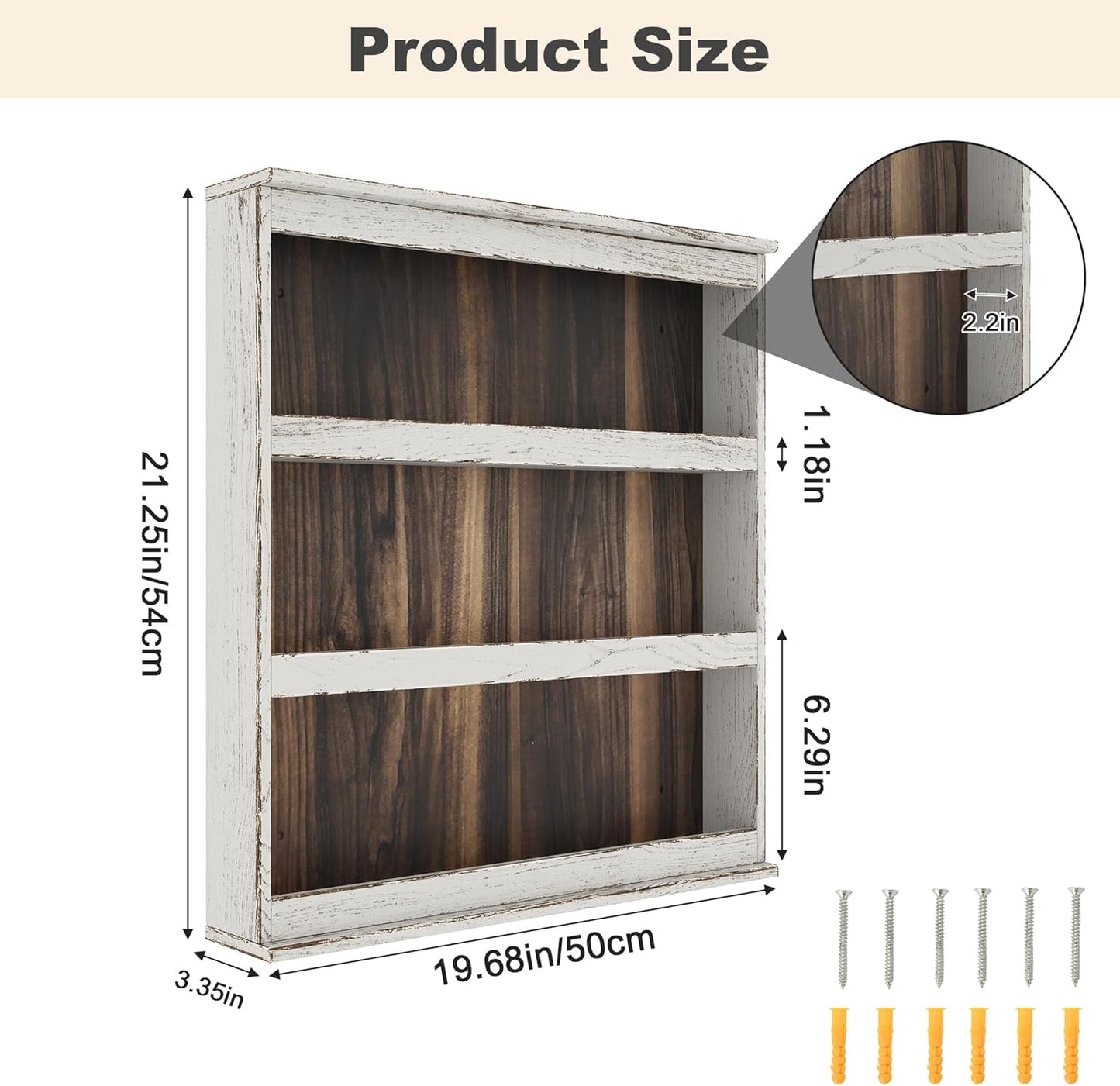 Nisorpa 3 Tier Spice Rack Wall Mount, Rustic Burnt Wood Wall Hanging Spice Rack Kitchen Spice Shelf Organizer for Seasoning Jars or Condiment Bottles, 19.68 x 3.35 x 21.25 Inches