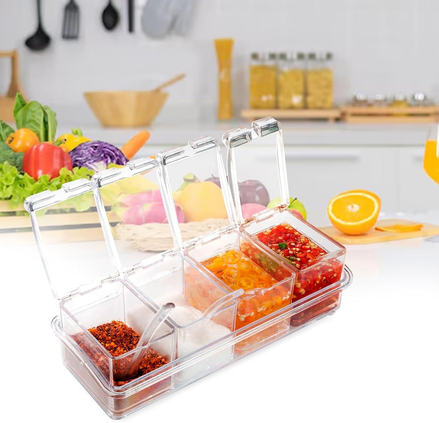 Clear Seasoning Box, 4 Piece Seasoning Rack Spice Pots, Plastic Storage Container Condiment Jars with Lids and Spoon, Storage Container Spice Jar for Salt Sugar Tea Herbal Coffee Beans