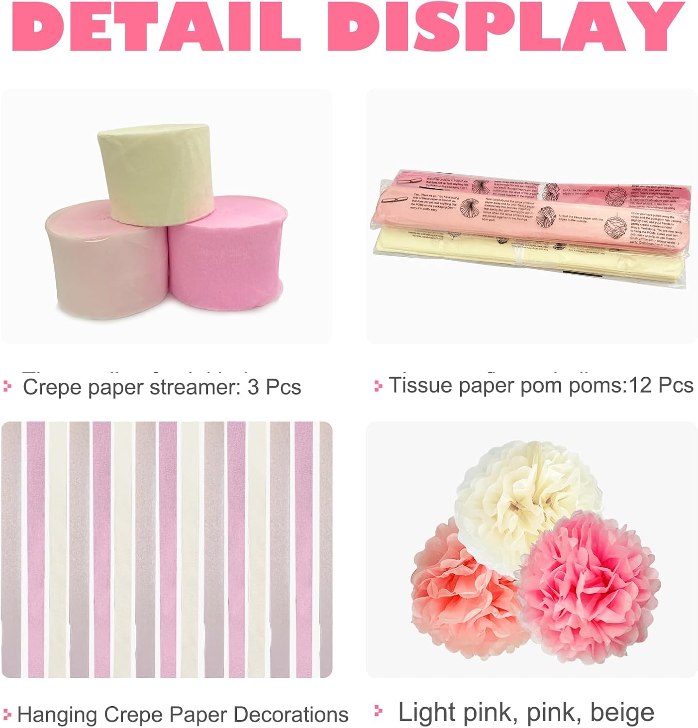 Pink Party Streamers Bridal Shower Decorations - Blush Pink Cream Colorful Paper Pom Poms Wall Decor for Baby Showers, Weddings, Graduations, Tea Parties, Engagement