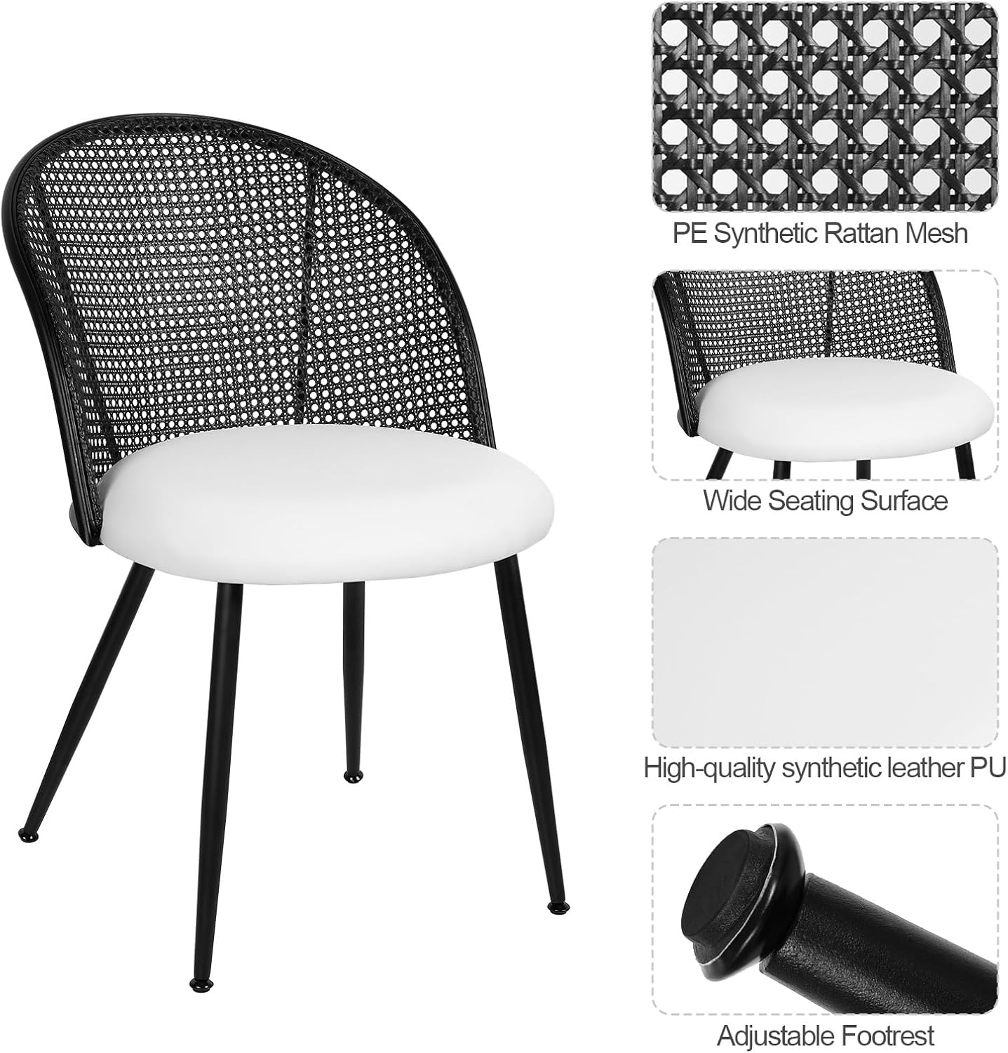 Rattan Dining Chairs Set of 4, Faux Leather Upholstered Dining Chairs with Black Cane Back, Mid-Century Modern Farmhouse Armless Accent Chairs for Kitchen Dining Room, Restaurant, White