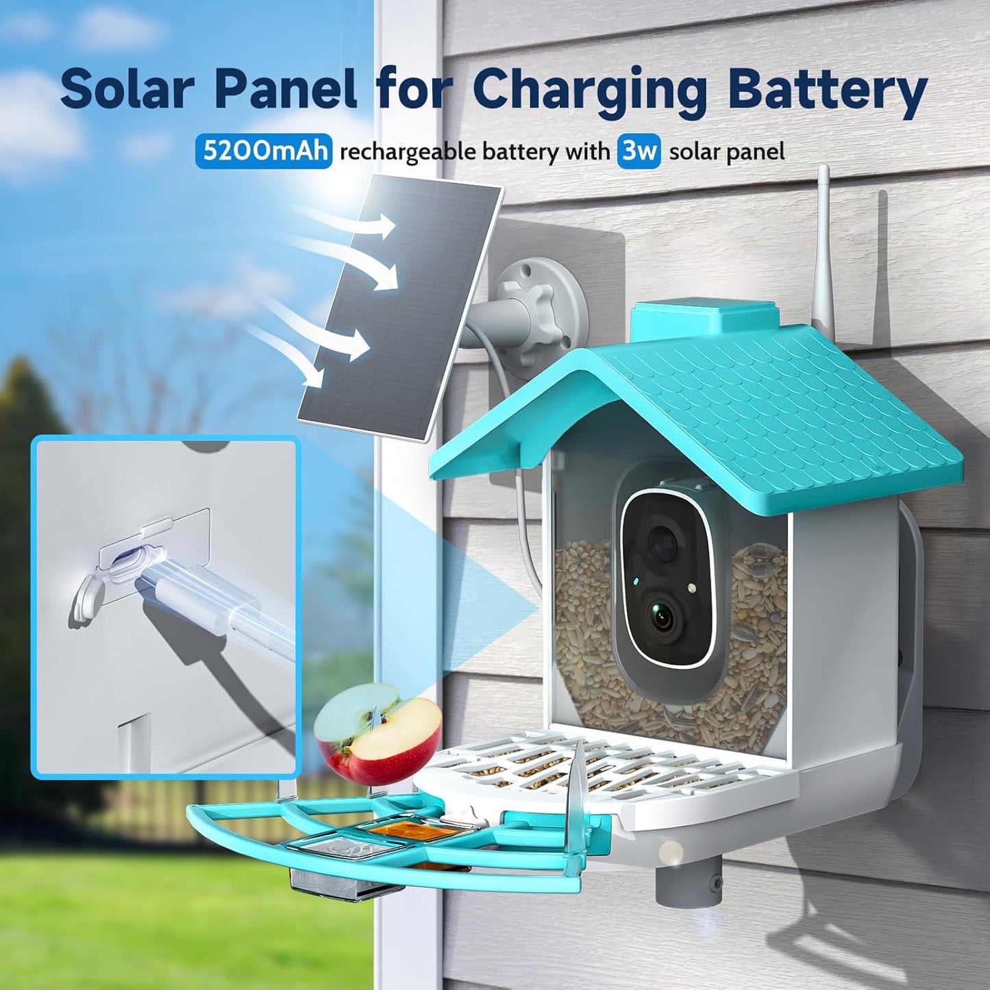 Smart Bird Feeder with Camera, 2K HD Bird Feeders for Outdoors with Solar Panel, Al Identification, Idea Gift, Blue