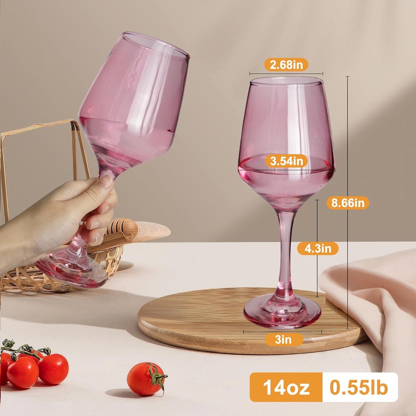 Pink Wine Glasses Set of 6-14oz Pink Long Stem Wine Glass, Pretty Crystal Glassware, Hand Blown Goblets Drinkware, Unique Stemware Wine Glass Holiday Gift Set for Women