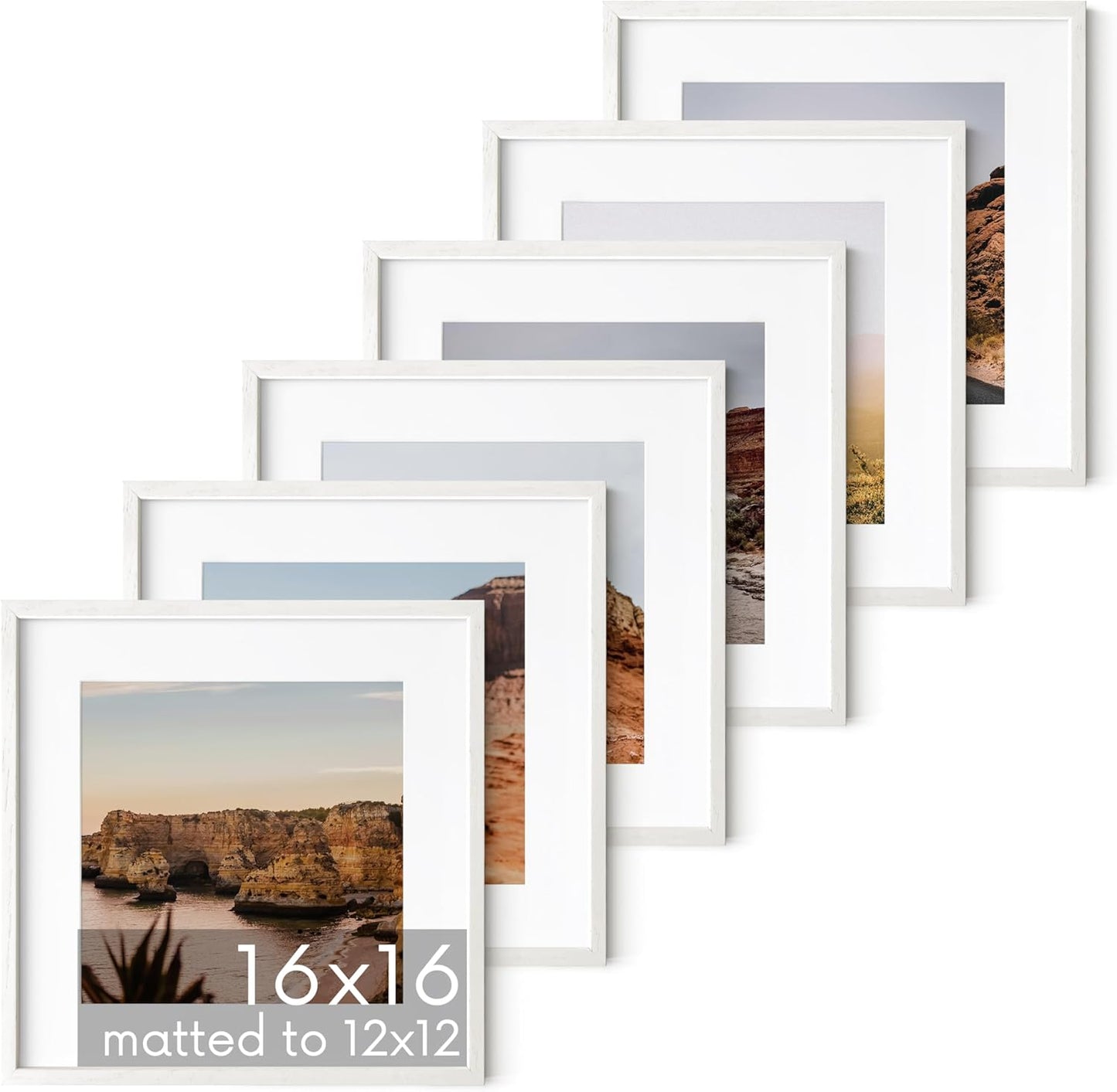 HAUS AND HUES Solid Oak Wood 16”x16” Picture Frames Matted to 12”x12” Set of 6 - White Picture Frames 16x16, Square Frames 16x16, White Square Picture Frames, 16x16 Gallery Wall Frame Set