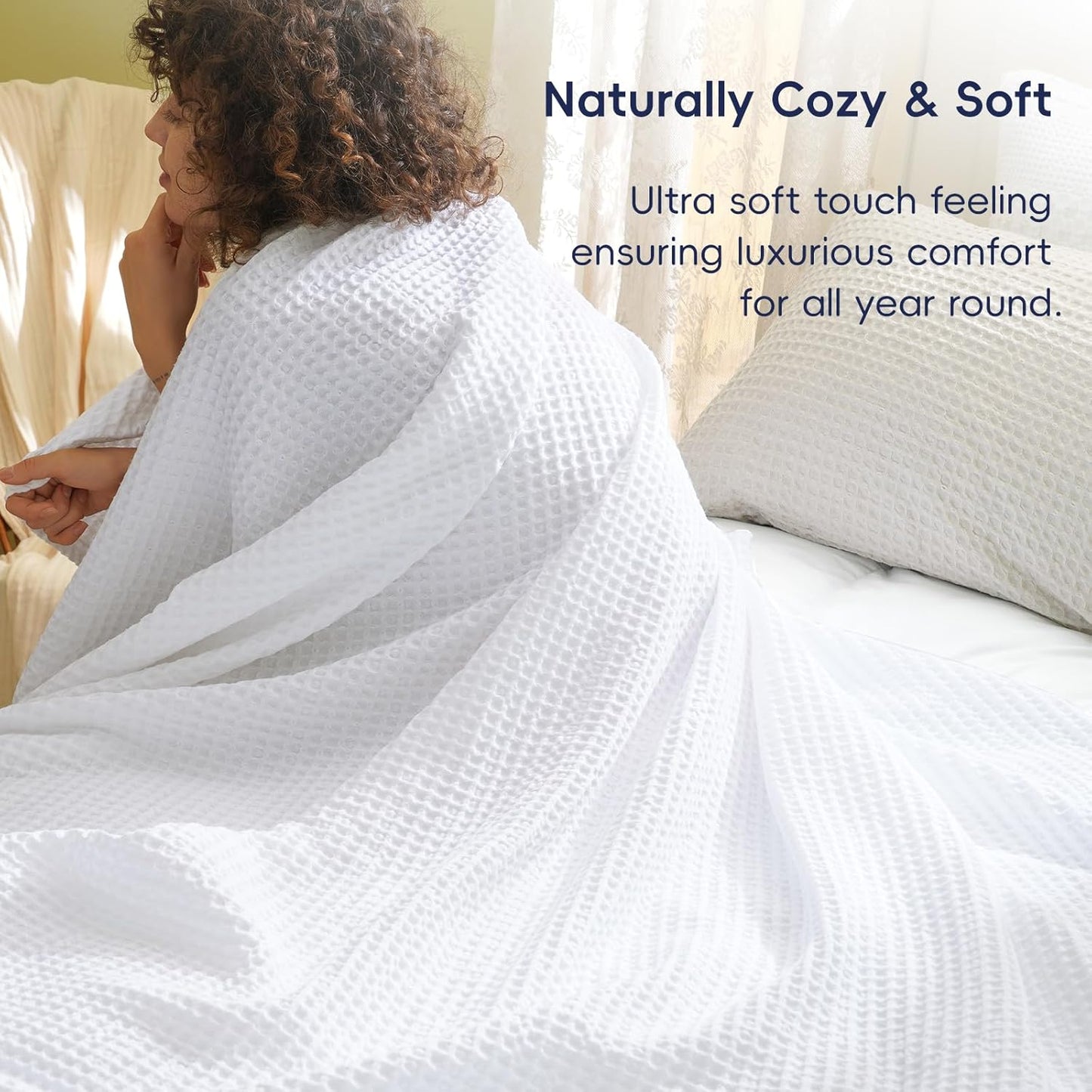 PHF Ultra Soft Waffle Weave Blanket Queen Size 90"x 90"- Washed Lightweight Breathable Cozy Woven Blanket for Bed - Aesthetic Decor for Couch Bedding Sofa Home Car - White