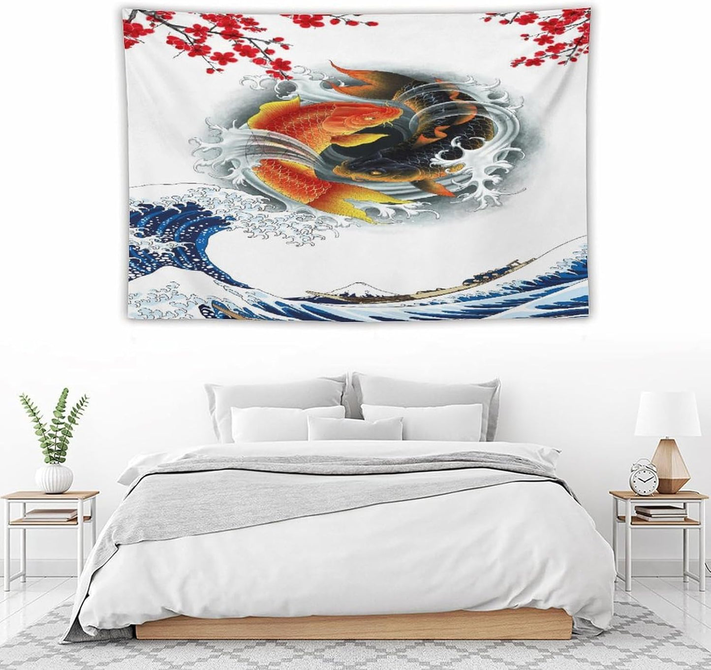 Houselerax Koi Fish Tapestry, Japanese Style Yin Yang Big Wave Cherry Blossoms Tapestries Wall Hanging for Bedroom Living Room Office Decor 90"x60"