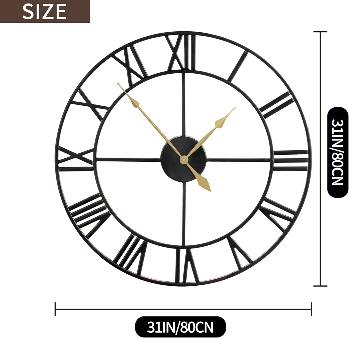 LEIKE 80CM Extra Large Wall Clock - 31" Oversize Modern Black Metal Roman Numeral Nearly Silent Little Ticking Battery Operated Wall Clocks for Living Room, Kitchen,Bedroom Farmhouse Home Decor