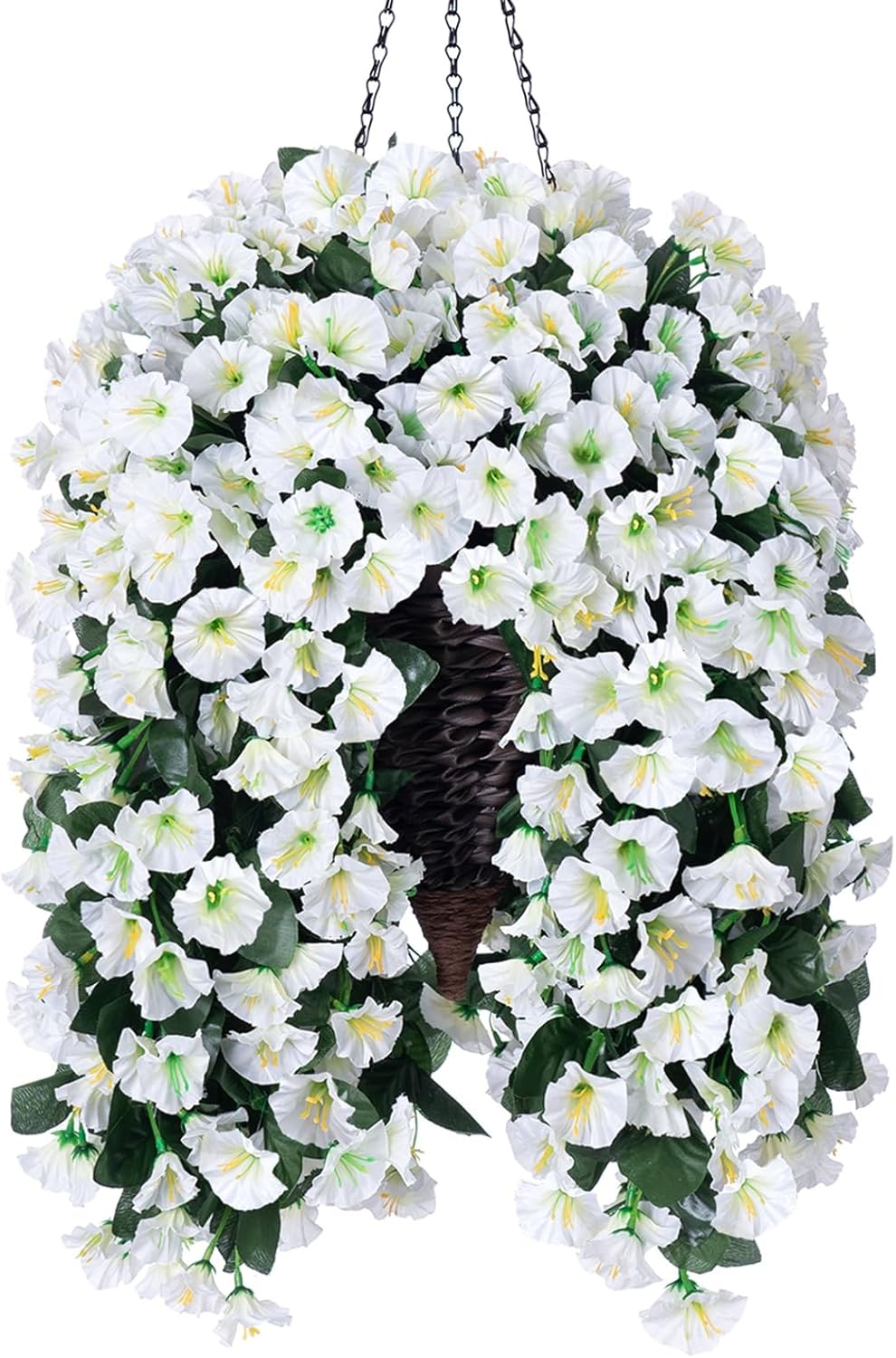 Artificial Faux Hanging White Flowers Plants Basket for Outdoor Outside, Fake UV Resistant Realistic White Morning Glory Flowers for Porch Home Balcony Yard Patio Decoration