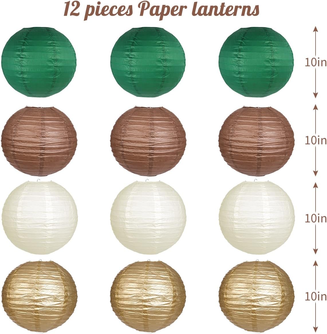 Paper Lanterns Green Brown Gold Round Hanging Chinese Lanterns for Birthday Party Gender Neutral Woodland Baby Shower Decorations Pack of 12