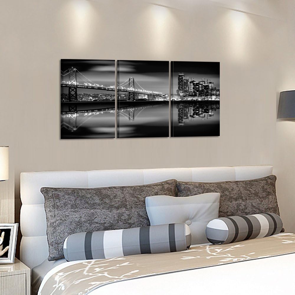 KREATIVE ARTS - San Francisco Bay at Night in Black and White Bridge 3 Panels Modern Landscape Artwork Canvas Prints Cityscape Pictures Paintings on Canvas Wall Art for Home Decor (12x16inchx3pcs)