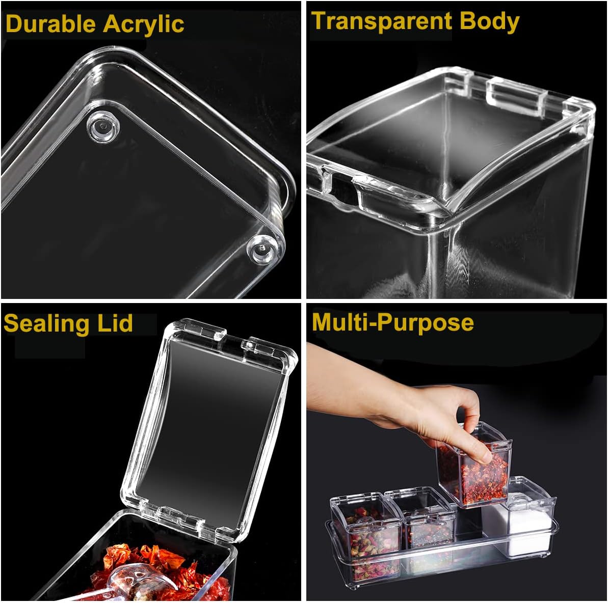 Clear Seasoning Box 4 PCS/Set, Acrylic Seasoning Rack Seasoning Storage Container Condiment Jar Spice Box Spice Jar Spice Pot Spice Rack with Spoon & Lid & Tray for Salt Pepper Sugar (#A)