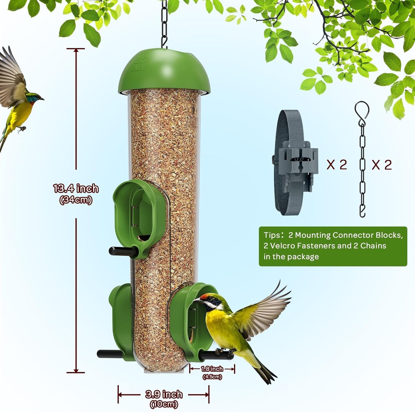 LONA Bird Feeders for Outdoors 2 Pack, Tube Feeder Weatherproof with Multiple Hanging Methods, Wild Bird Feeding Silo for Outside, 3 Port