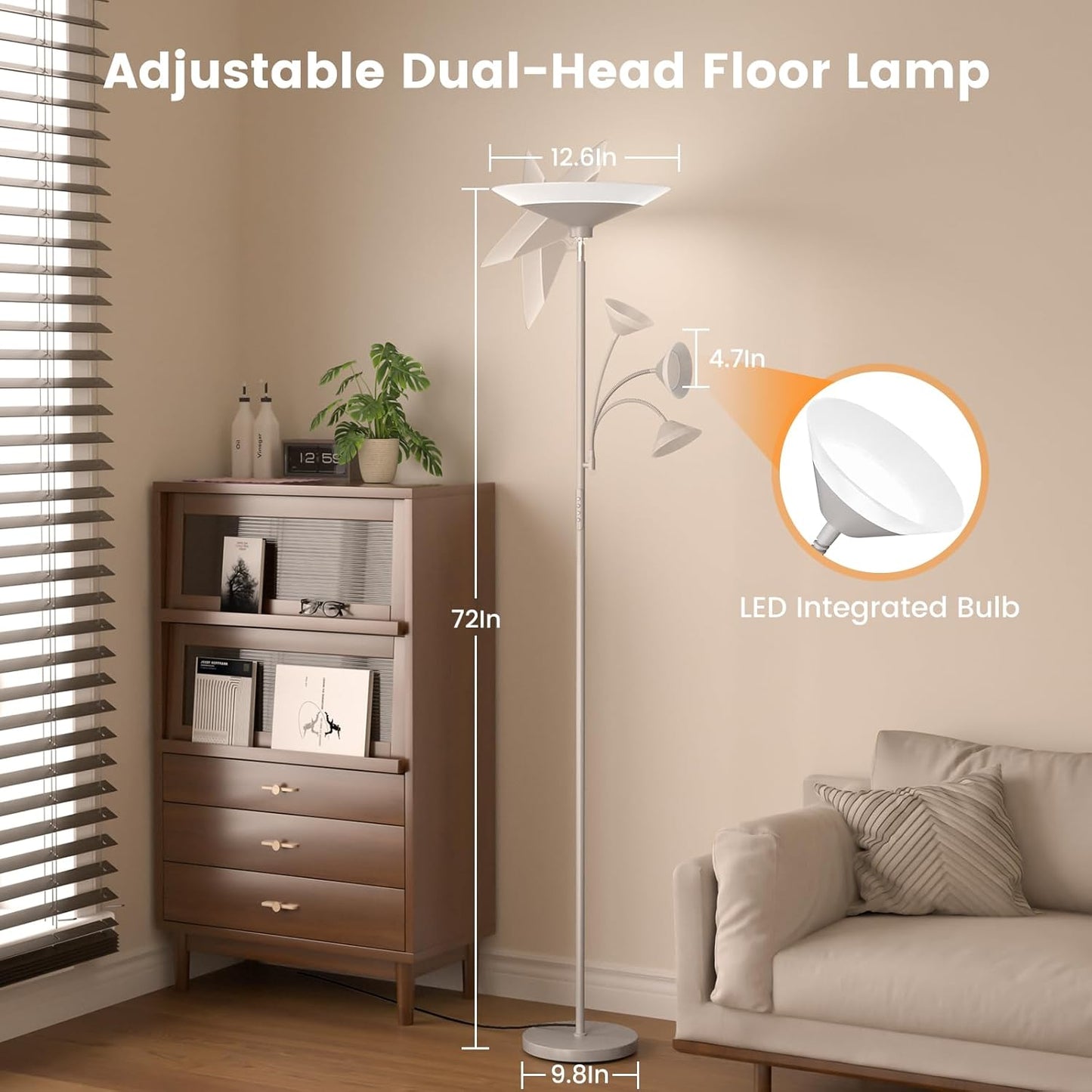 Sliver Gray Torchiere Floor Lamp with Reading Light, 4 Color Temperatures, Dimmable & Individual Light Control Standing Lamp, 34W Bright Tall Lamp with Remote for Living Room Bedroom Office