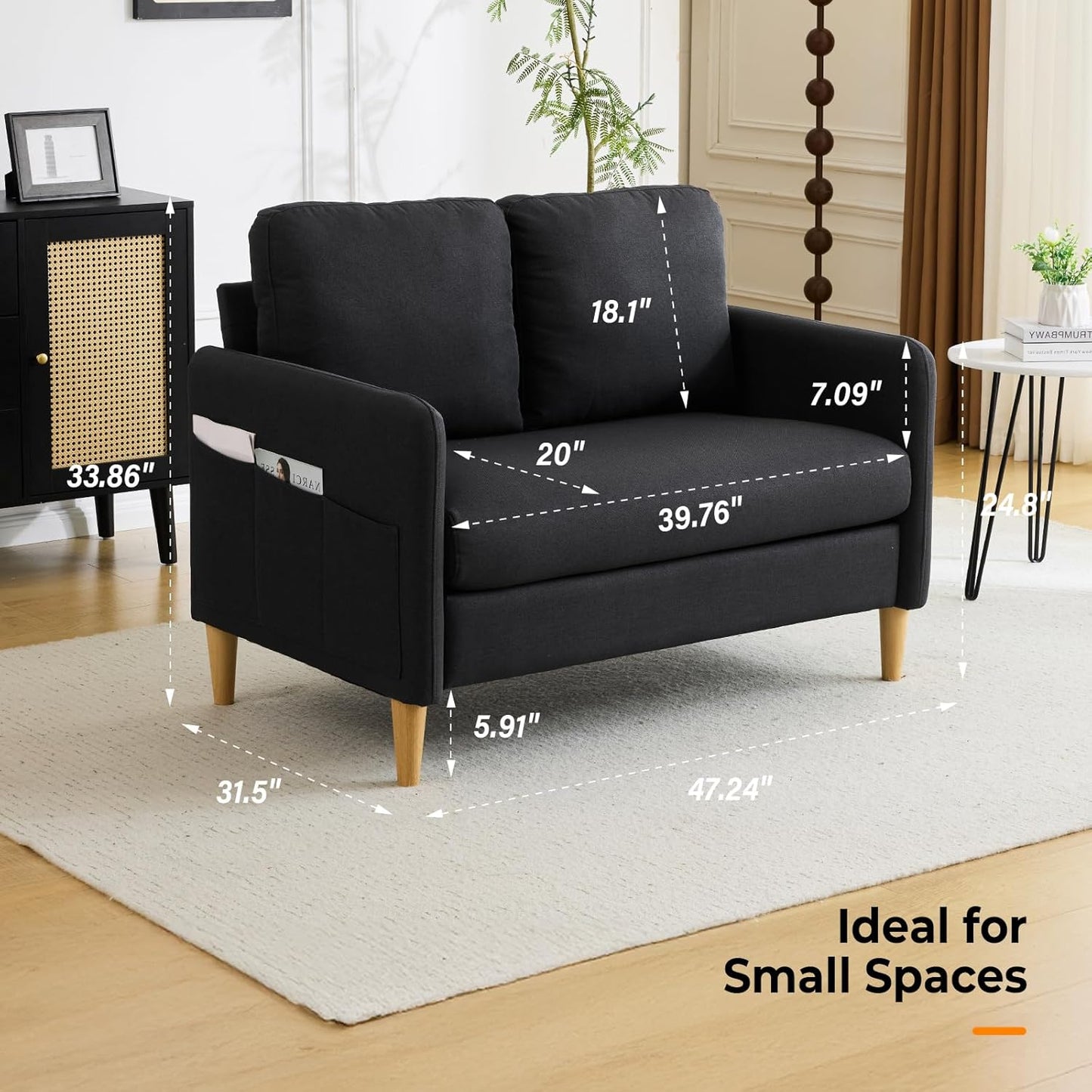 VINGLI 47" Small Couch, Linen Loveseat Sofa Black Mini Couch Mid Century Modern Decor Love Seat for Small Spaces Living Room, Bedroom, Play Room