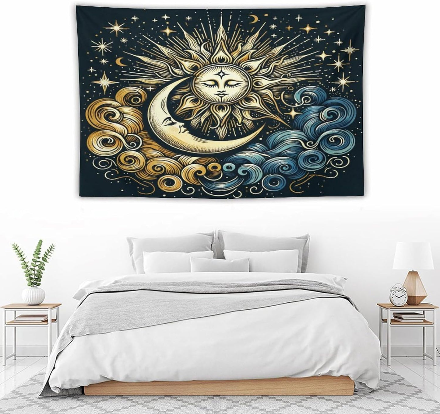 HZOHNAGO Sun Moon Tapestry Boho Golden Stars Pattern Printed Wall Tapestry Wall Hanging for Bedroom Living Room Dorm 60" W x 40" H