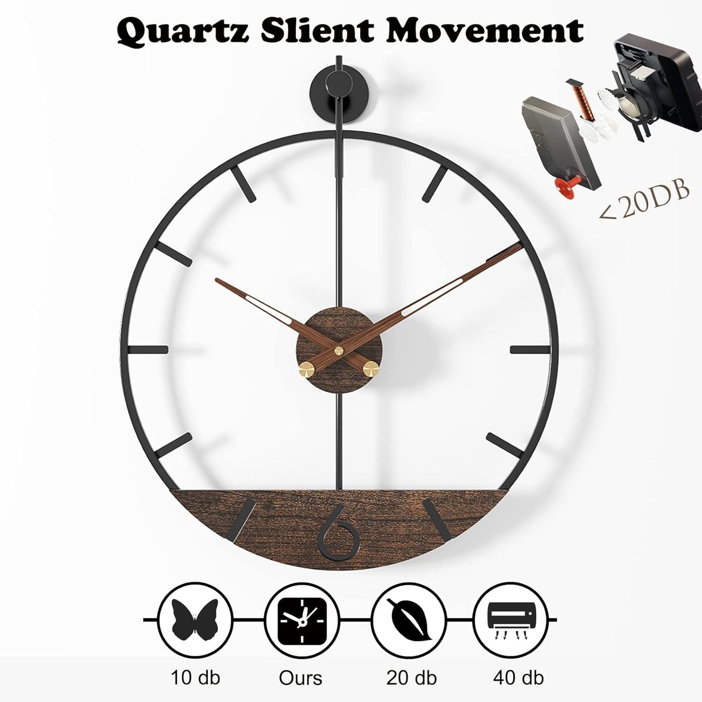 Modern Wood Walnut Dial Wall Clock, Large Simple Wall Decor Metal Frame Silent Non Ticking Clock for Living Room Decor, Kitchen, Bedroom, Study Decoration, Handmade Home Gift Idea, 26.4 in