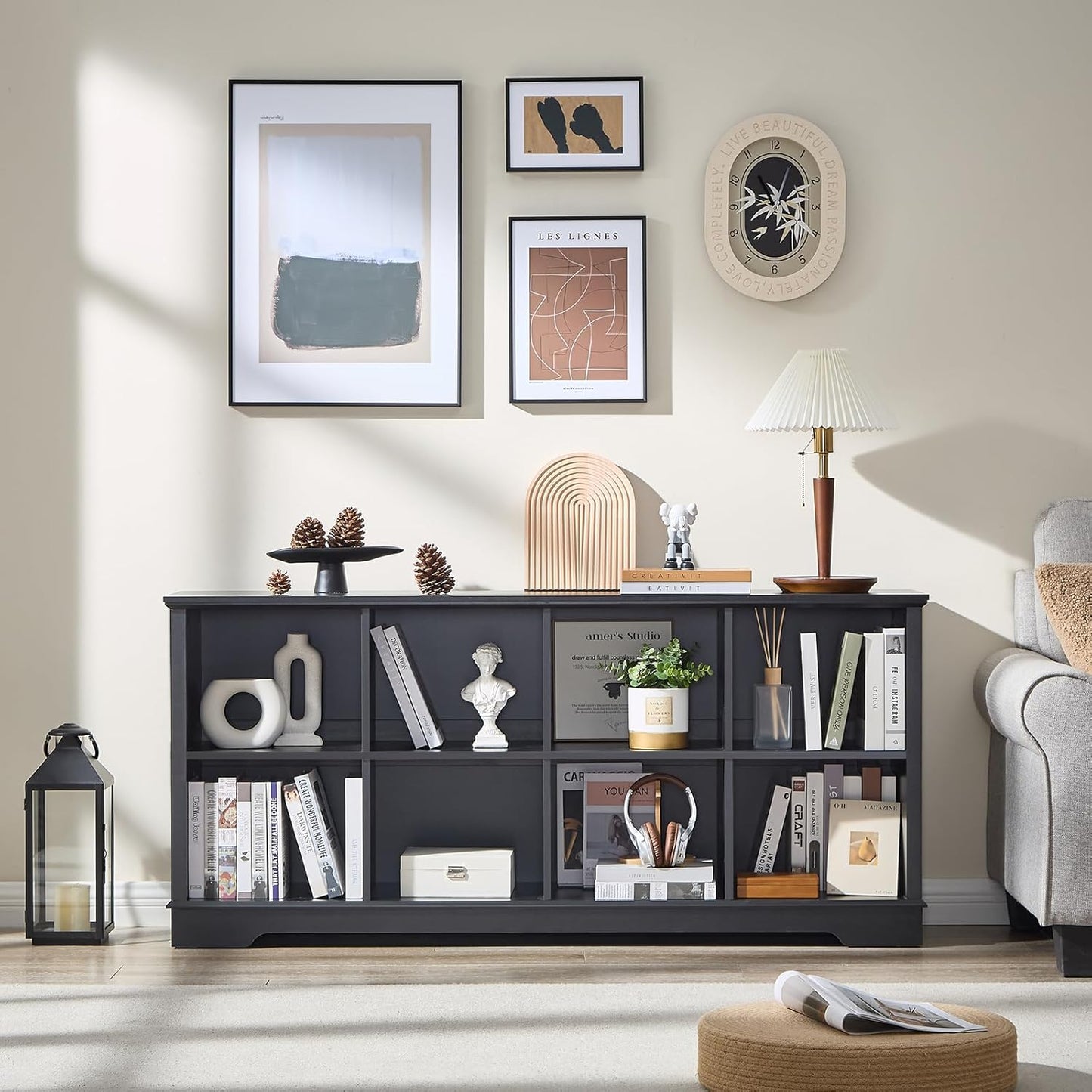 Farmhouse 8 Cube Bookshelf, Black Storage Organizer Bookcase, Kids Toy Storage Cabinet, Long Bookshelves Storage Organizer Shelf, Wood Display Cabinet Book Shelves for Bedroom,Living Room,Office