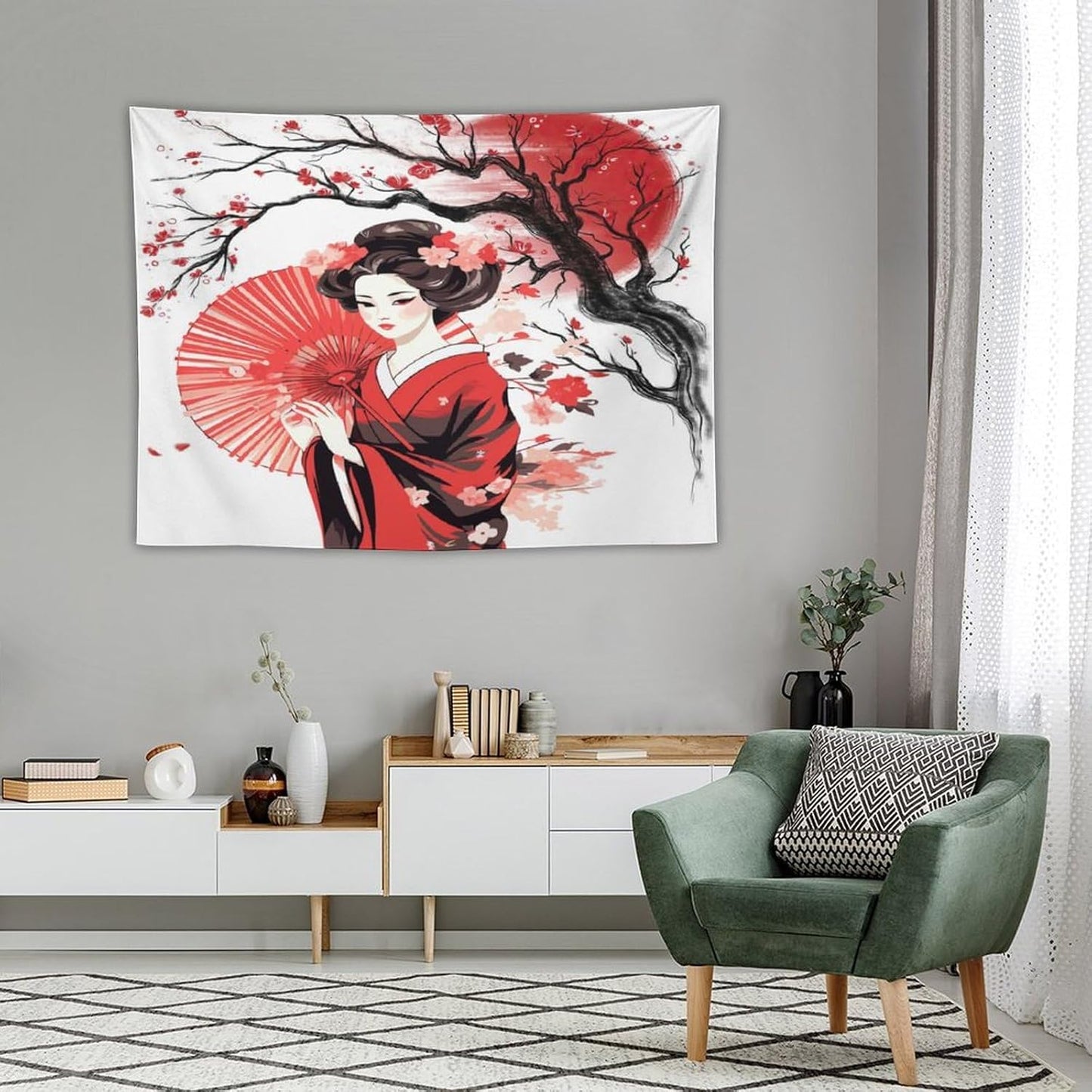 Japanese Red Geisha Tapestry Asian Cherry Blossom Traditional Kimono Folk Tapestries Home Decor for Living Room Bedroom Apartment Farmhouse Dorm 40"x30"