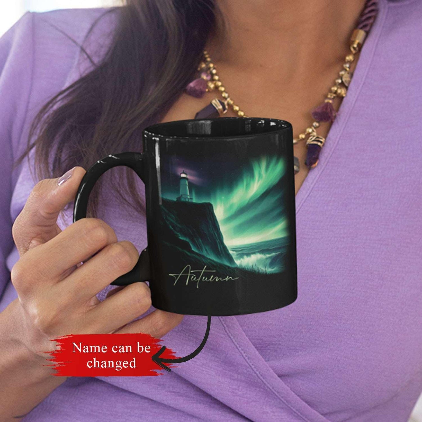 Customized Name Black Coffee Mug, Personalized Beautiful Northern Lights And Lighthouse Mug, Custom Mystical Ocean View Ceramic Cup, Gift For Women Men, Nature Themed Mug 11oz 15oz