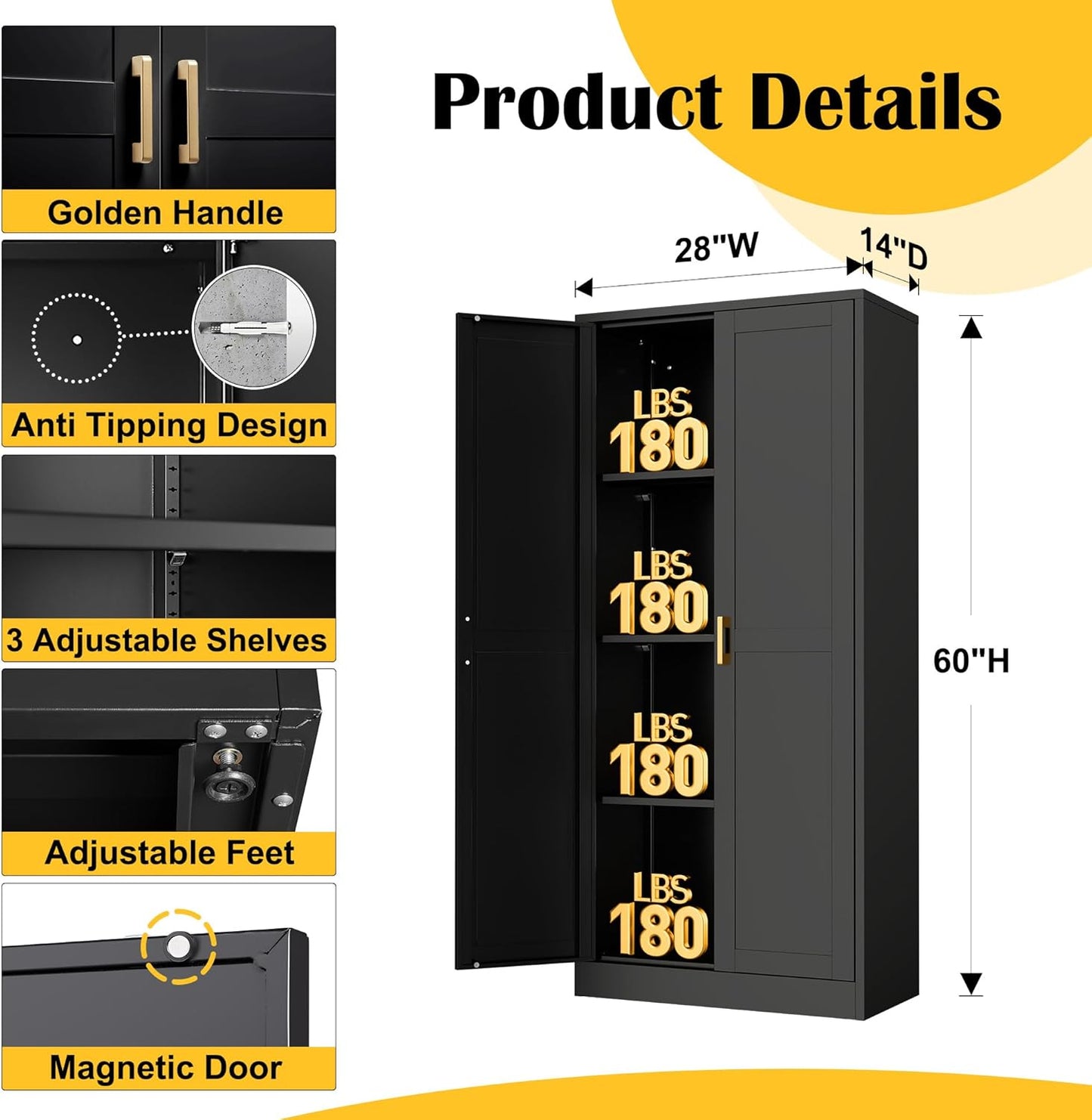 Kitchen Cabinet Storage,60”Metal Pantry Cabinet with Doors and 3 Adjustable Shelves,Food Pantry Cabinets with 2 Gold Handles,Black Tall Storage Cabinet for Livingroom,Pantry,Bathroom,Kitchen