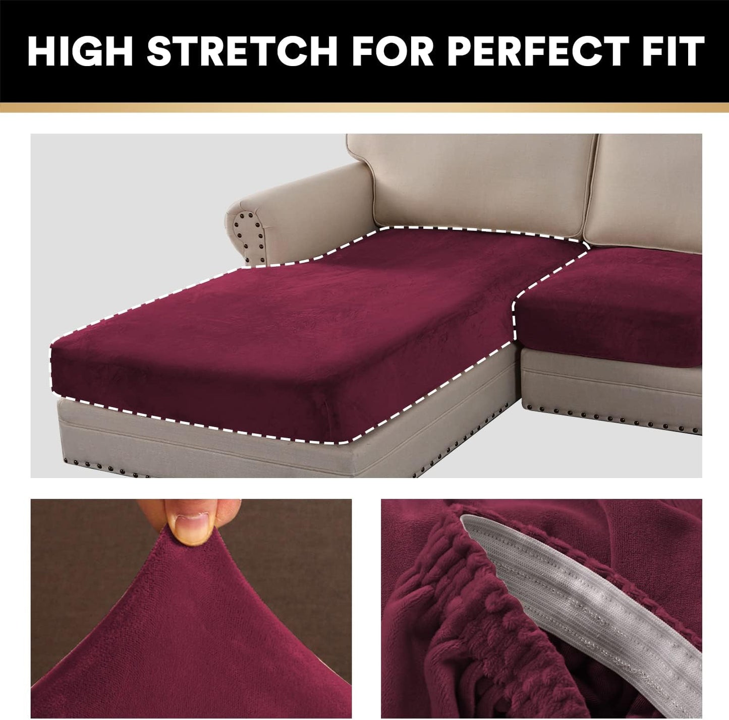 PrinceDeco Sectional Couch Covers 3 Pieces Velvet Sofa Covers L Shape Soft Couch Covers for Sectional Sofa Corner Sofa Cover Couch Cover for Dogs Washable (2 Seater + 1 Chaise,Burgundy)