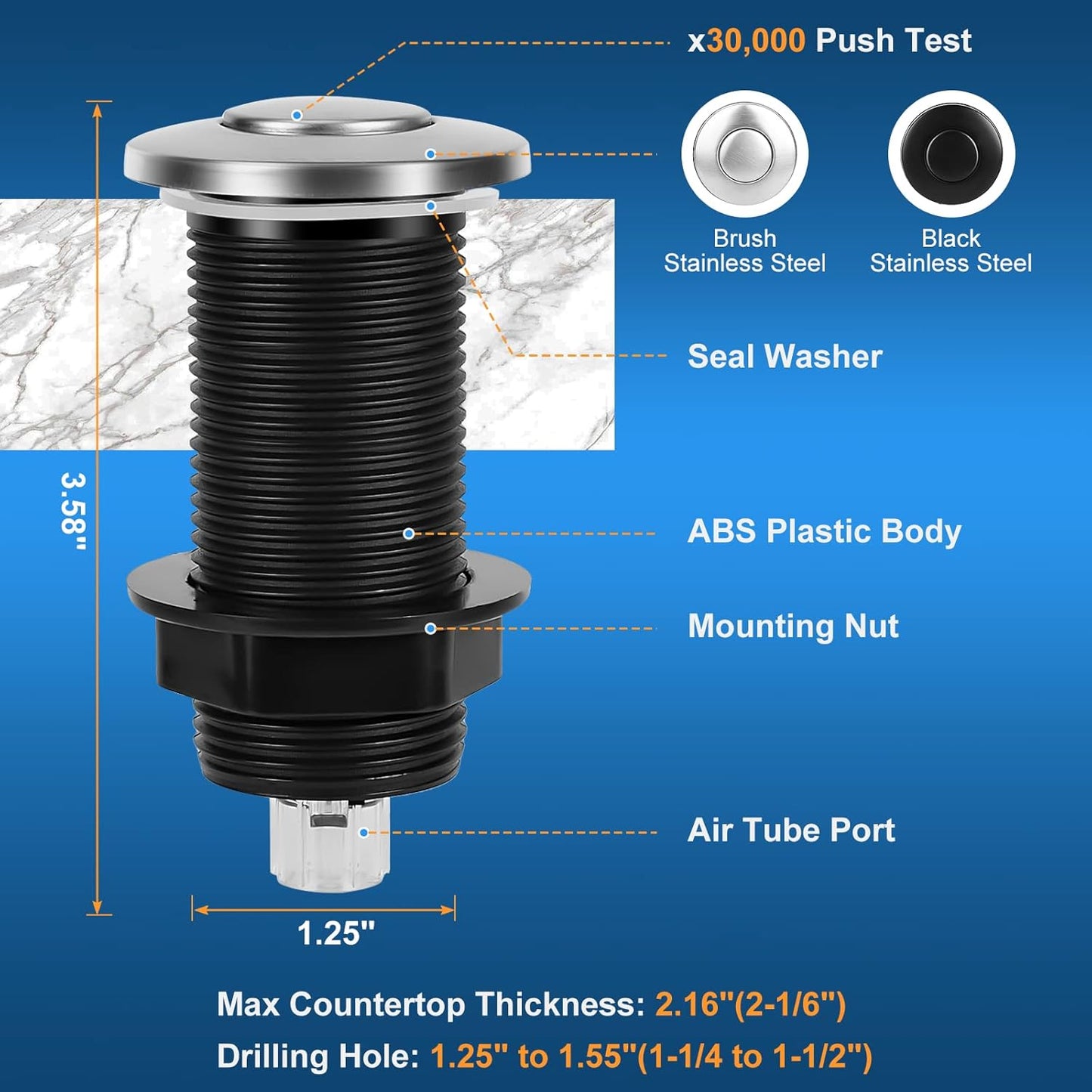 Air Switch Kit for Garbage Disposal, UL Listed Sink Top Air Switch for Food Waste Disposal, 3.58” Extra Long Air Button (Brushed Stainless Steel)