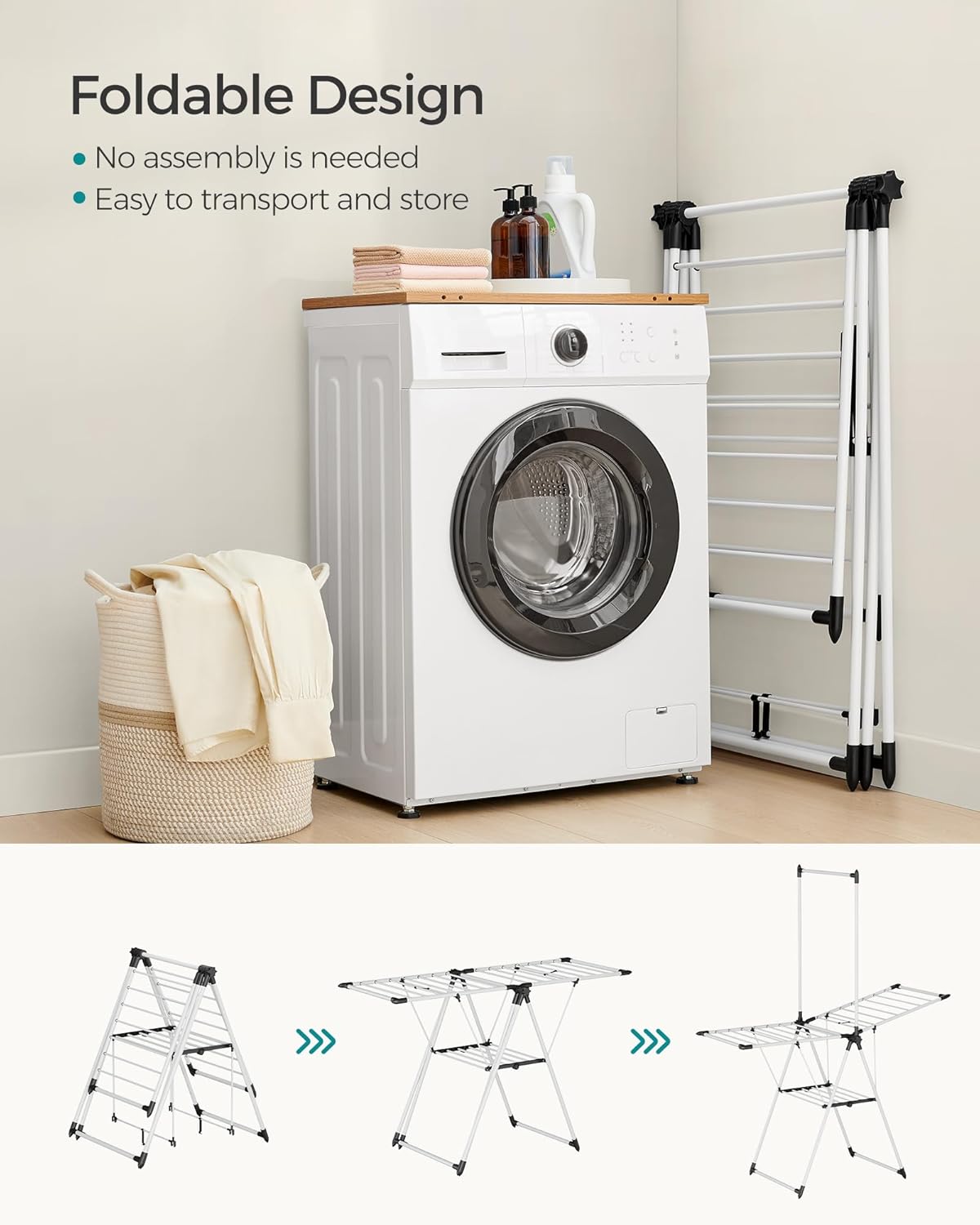 SONGMICS Clothes Drying Rack, Foldable 2-Level Laundry Drying Rack, Free-Standing Airer, 1 Additional Tall Hanging Bar, 2 Height-Adjustable Wings, 24 Drying Rails, Space Savng, Simply White ULLR521W01
