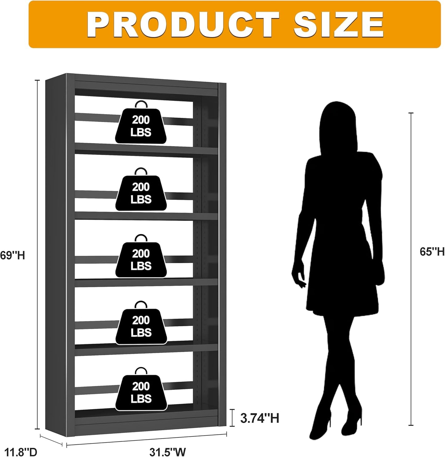 Bookshelf, 5 Tier Metal Bookshelf, 69" H Tall Bookcase with Adjustable Shelves, Large Industrial Bookshelves for Living Rooms, Home Offices, Library, 10 Minutes Assemble