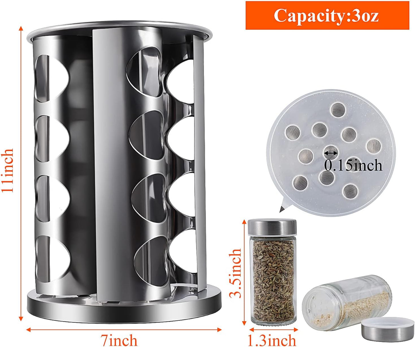 DOUBLE 2 C Revolving Countertop Spice Rack Stainless Steel Seasoning Storage Organization,Spice Carousel Tower for Kitchen Set of 16 Jars (16Jars)
