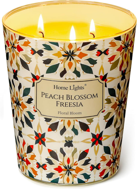 HomeLights 3-Wick Candles for Home Scented - 34oz Soy Wax Blend Candle Long-Lasting Fragrance, Bohemian Natural Textures Home Decor and Housewarming Gifts, Peach Blossom Freesia
