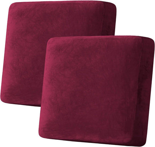 H.VERSAILTEX Velvet Stretch Couch Cushion Cover Plush Cushion Slipcover for Chair Loveseat Sofa Cushion Furniture Protector Seat Cushion Sofa Cover (2 Piece Large Sofa Cushion Covers, Burgundy)