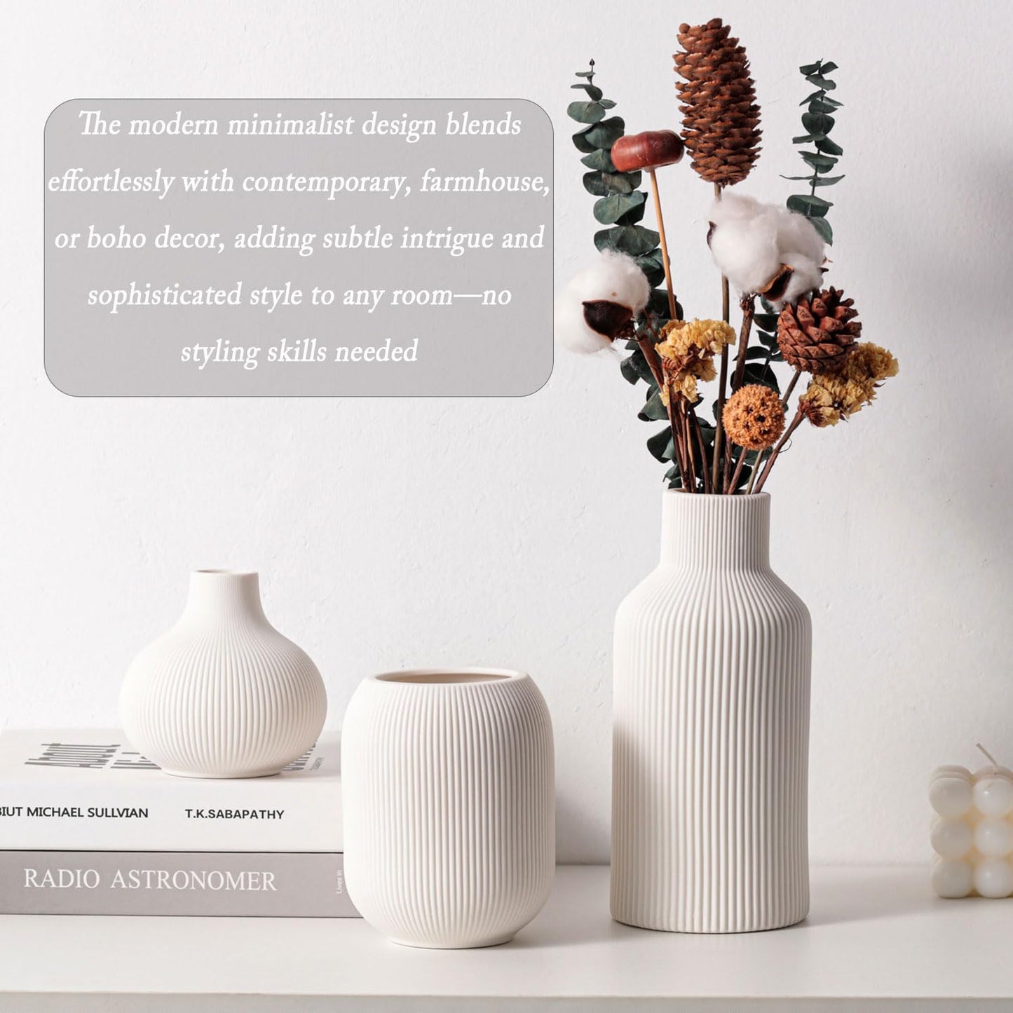Ceramic Vase Set of 3, Decorative Vases Home Decor Modern Minimalist Pottery Vases for Bouquet Pampas Grass Dried Fresh Flowers, Bookshelf, Living Room, Shelf, Bedroom, Entryway Mantel Decor-White