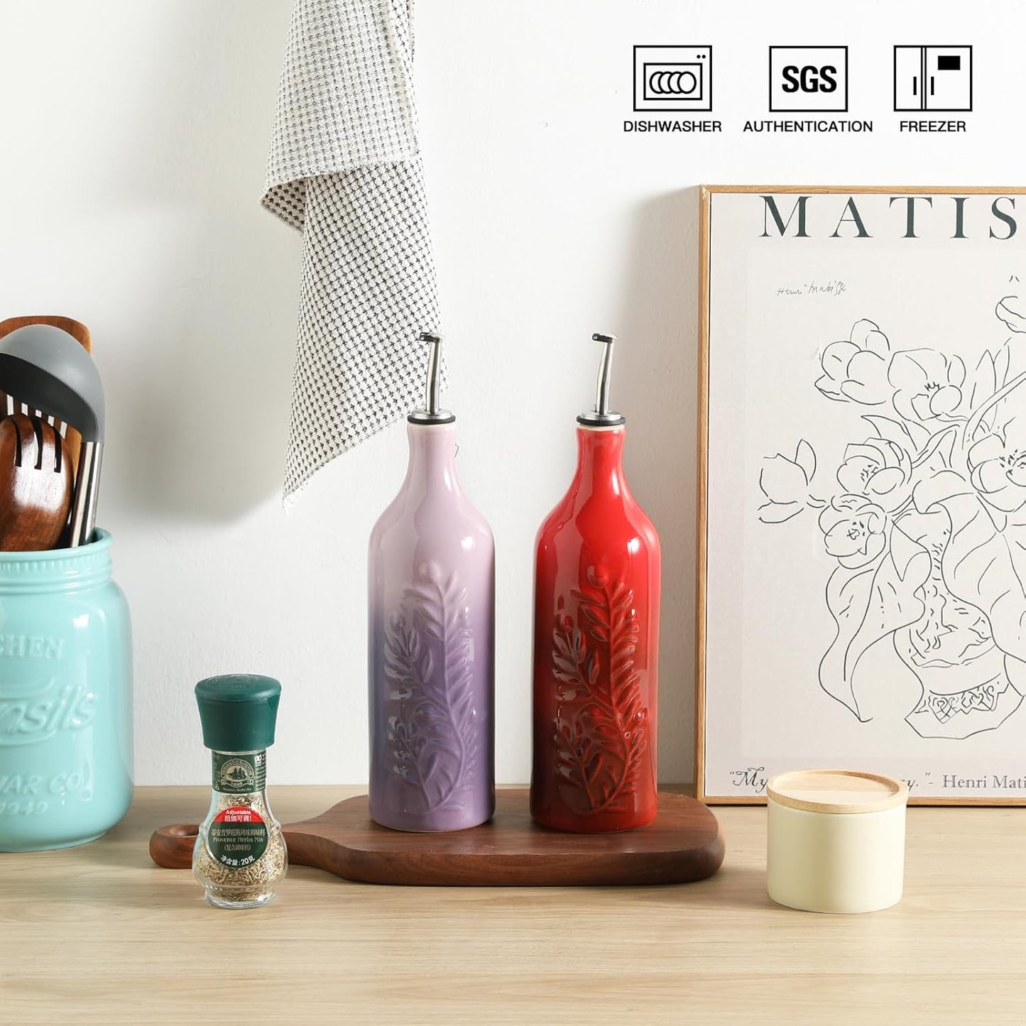 Sweejar Large Olive Oil Dispenser Bottle with Spout, 24 Oz Ceramic Dispenser for Kitchen, Relief Opaque Cruet, Container for Cooking, EVOO, Avocado Oil, Vinegar, Pack of 1(GradientPurple)