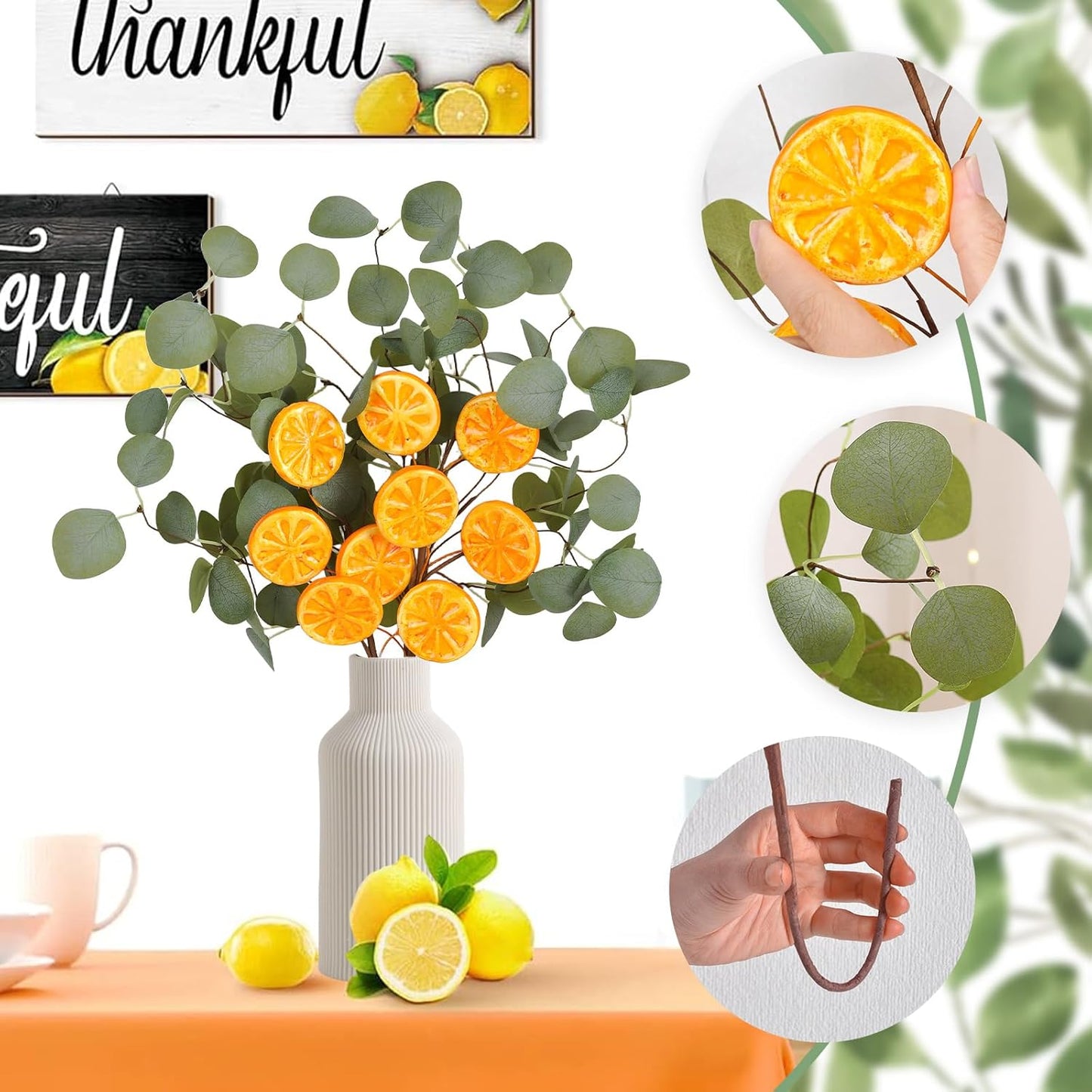 Eucalyptus Stems, 4PCS Artificial Lemon Stems Faux Citrus Branches Plastic Decor for Kitchen, Table Centerpieces, Entryway, Thanksgiving Wedding Party (Green)