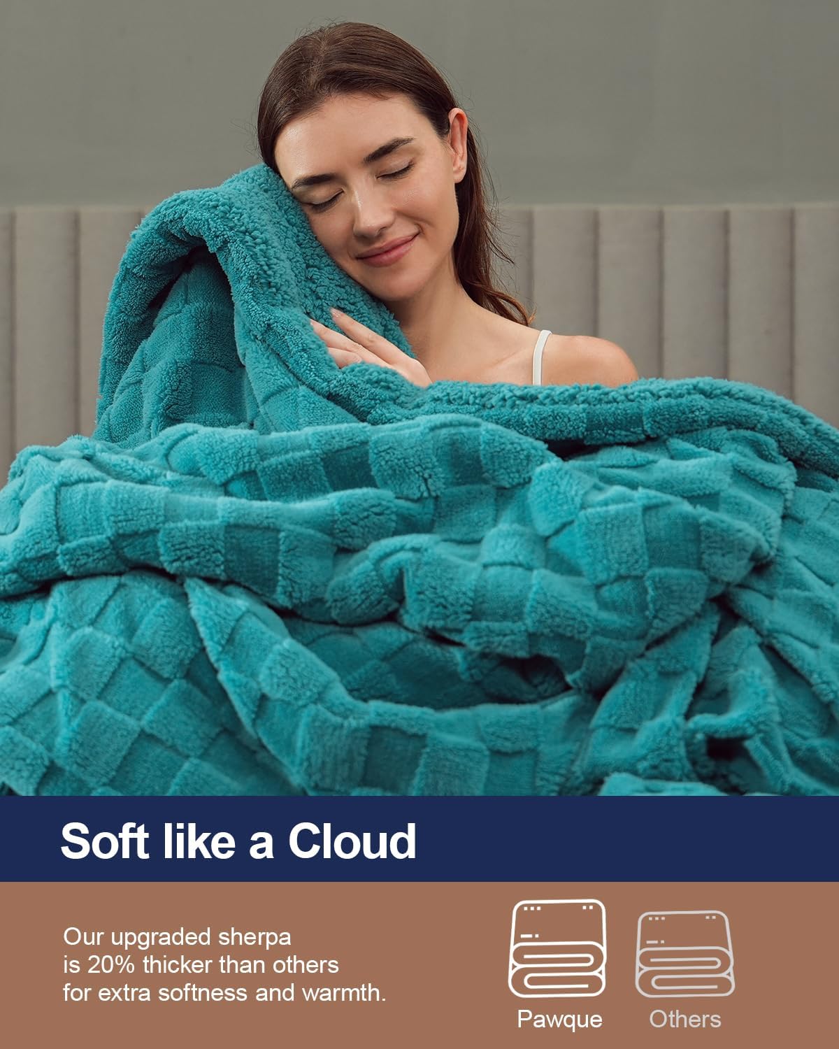 Pawque Super Soft Cozy Throw Blanket Twin Size for Couch Bed, Fluffy Sherpa Fleece Reversible Thick Warm Fuzzy Blanket for All-Season, 3D Checkered Jacquard Decorative Blankets, Teal Green, 60" x 80"