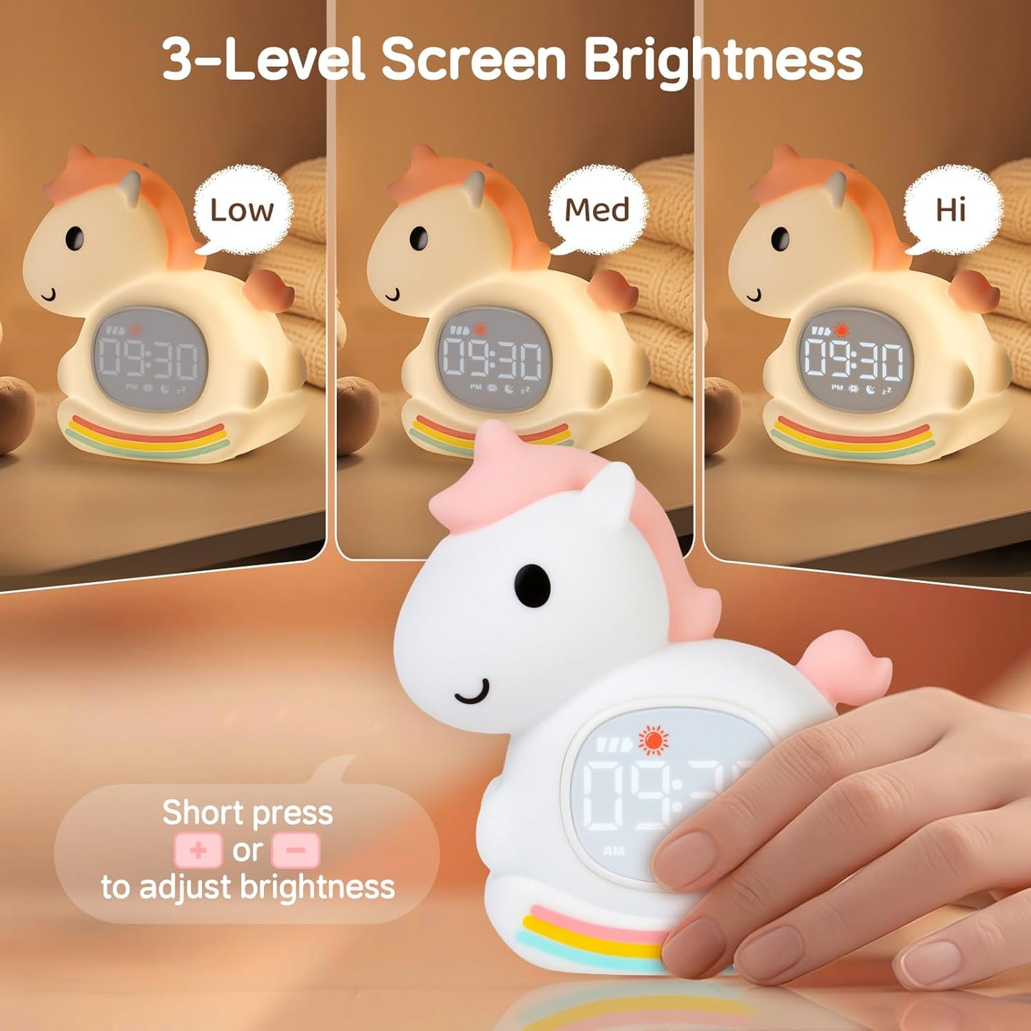 Cute Alarm Clock for Kids with Night Light, Sleep Training Clock Time to Wake Clock, Rechargeable Silicone Light for Bedroom, Perfect Sleep Companion for Boys Girls, Pink Pony