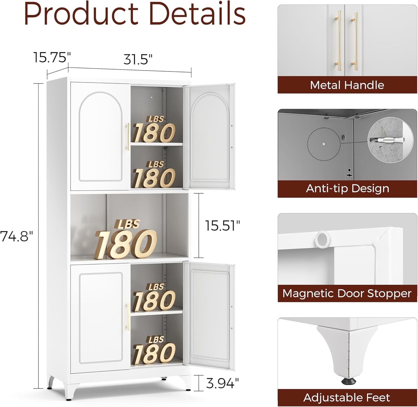75" Tall Kitchen Pantry Storage Cabinet, Metal Storage Cabinets with 4 Doors and Adjustable Shelves，White Kitchen Hutch Cabinet with Microwave Stand, Large Cupboard for Dining Living Room