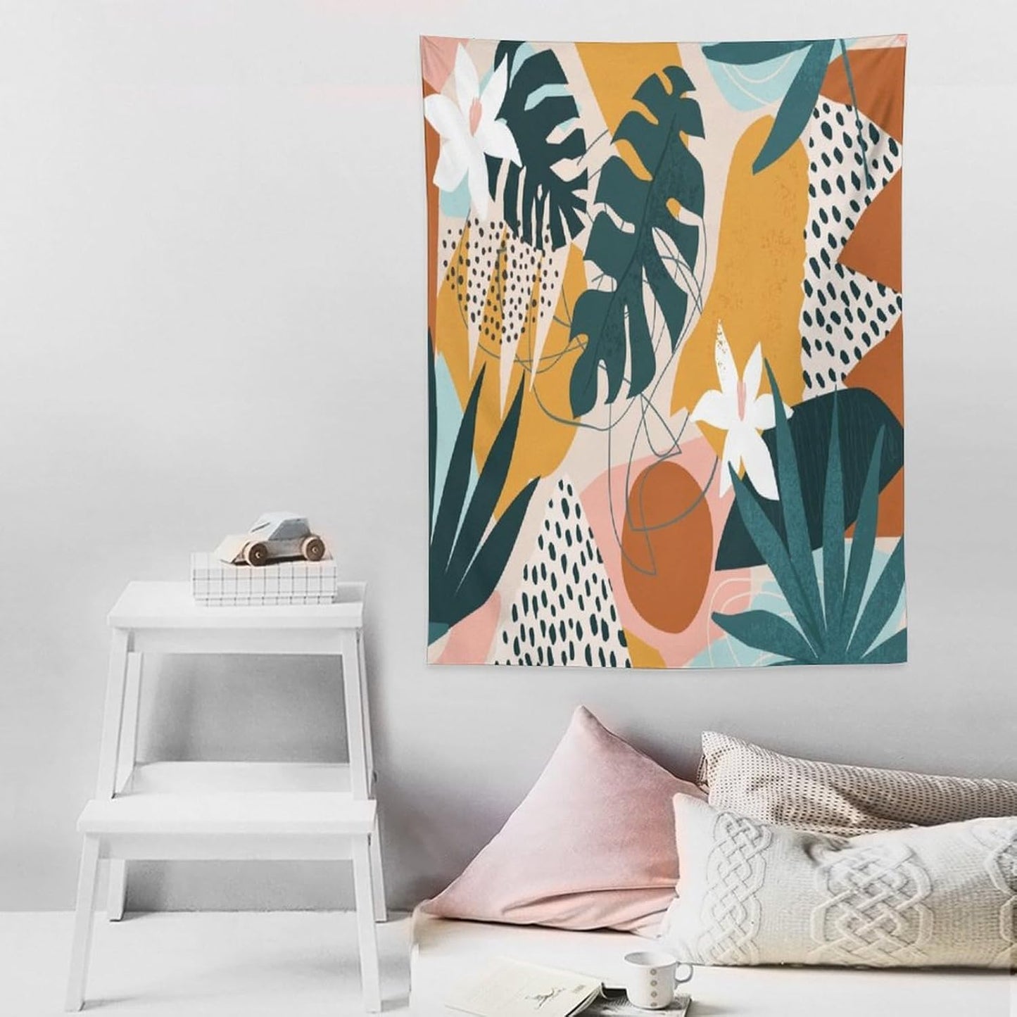 Abstract Bohemian Mid Century Tapestry, Tropical Leaves Modern Geometric Archway Minimalist Bohemian Botanical Aesthetic Wall Hanging, Sage Green Gold Home Decor Art for Bedroom 30x40 Inch