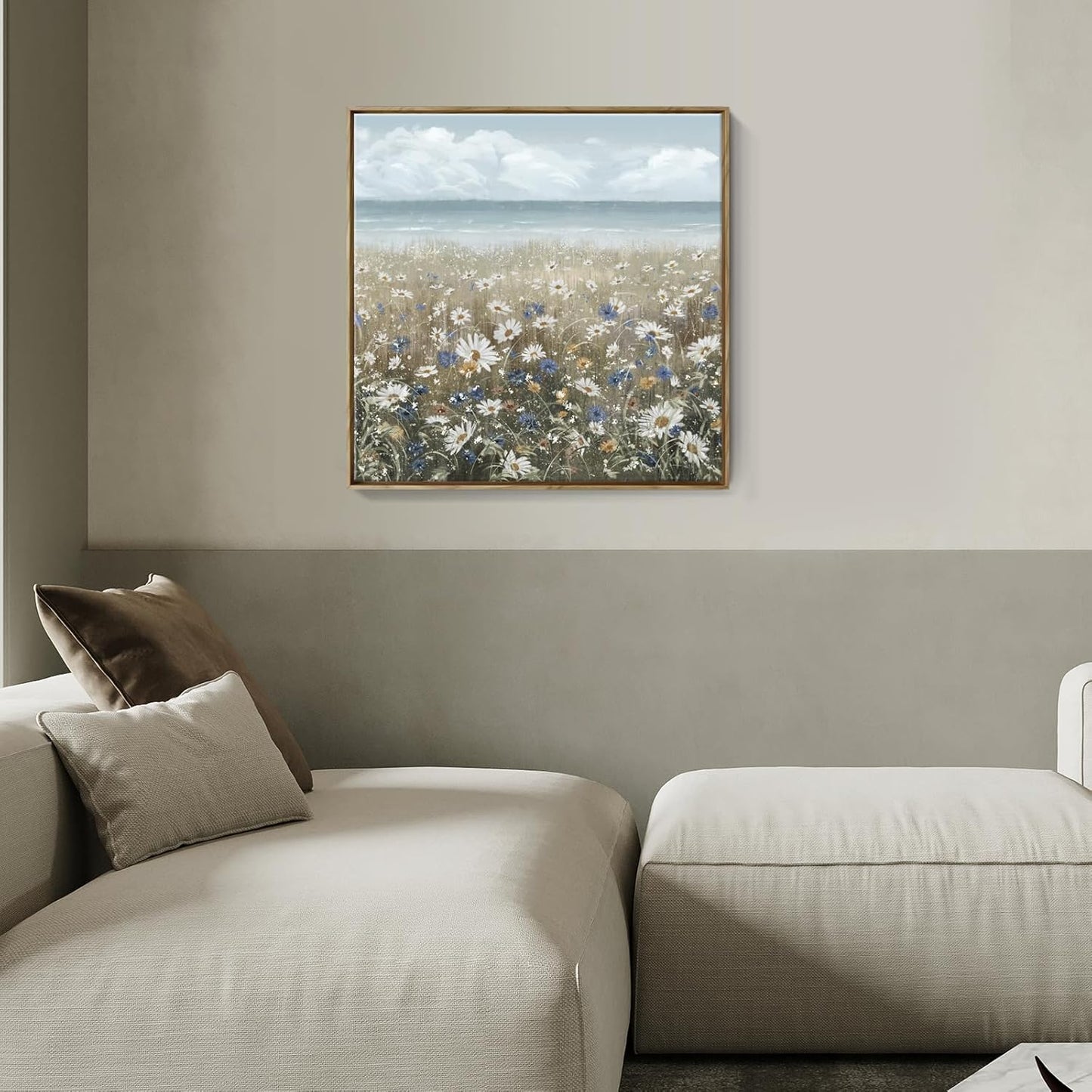 Framed Wall Art for Bedroom Decor Farmhouse Boho Beach Coastal Vintage Floral Ocean Wall Picture Daisy Flowers Sea Canvas Print Nautical Neutral Seascape Artwork for Home Living Room Bedroom Office
