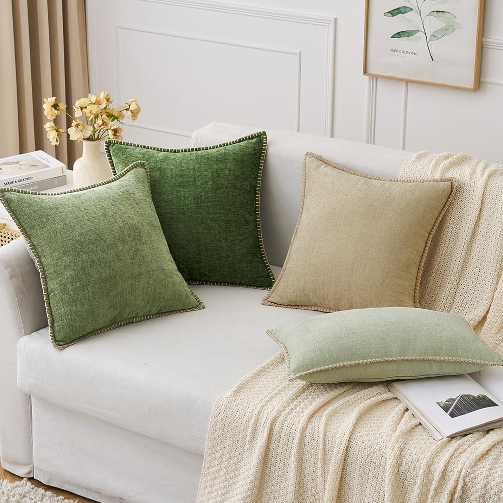 MIULEE Pack of 2 Couch Throw Pillow Covers 22x22 Inch Sage Green Farmhouse Decorative Pillow Covers with Stitched Edge Soft Chenille Solid Dyed Spring Pillow Covers for Sofa Bed Living Room