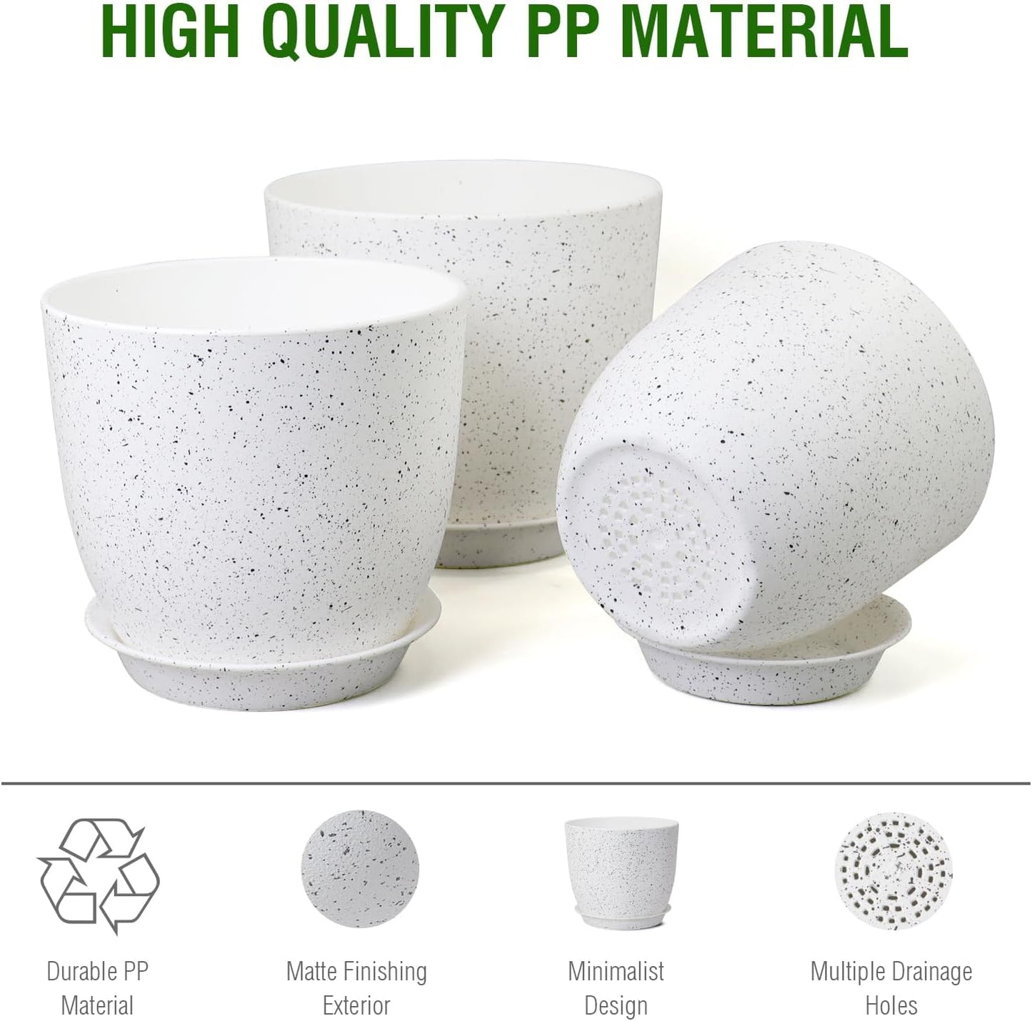 Large Flower Pots 12/10/9 inch, Set of 3 Modern Decorative Plastic Planters with Drainage Holes and Saucers for Garden House Plants, Plant Pots for Indoor Outdoor Plants, Speckled White
