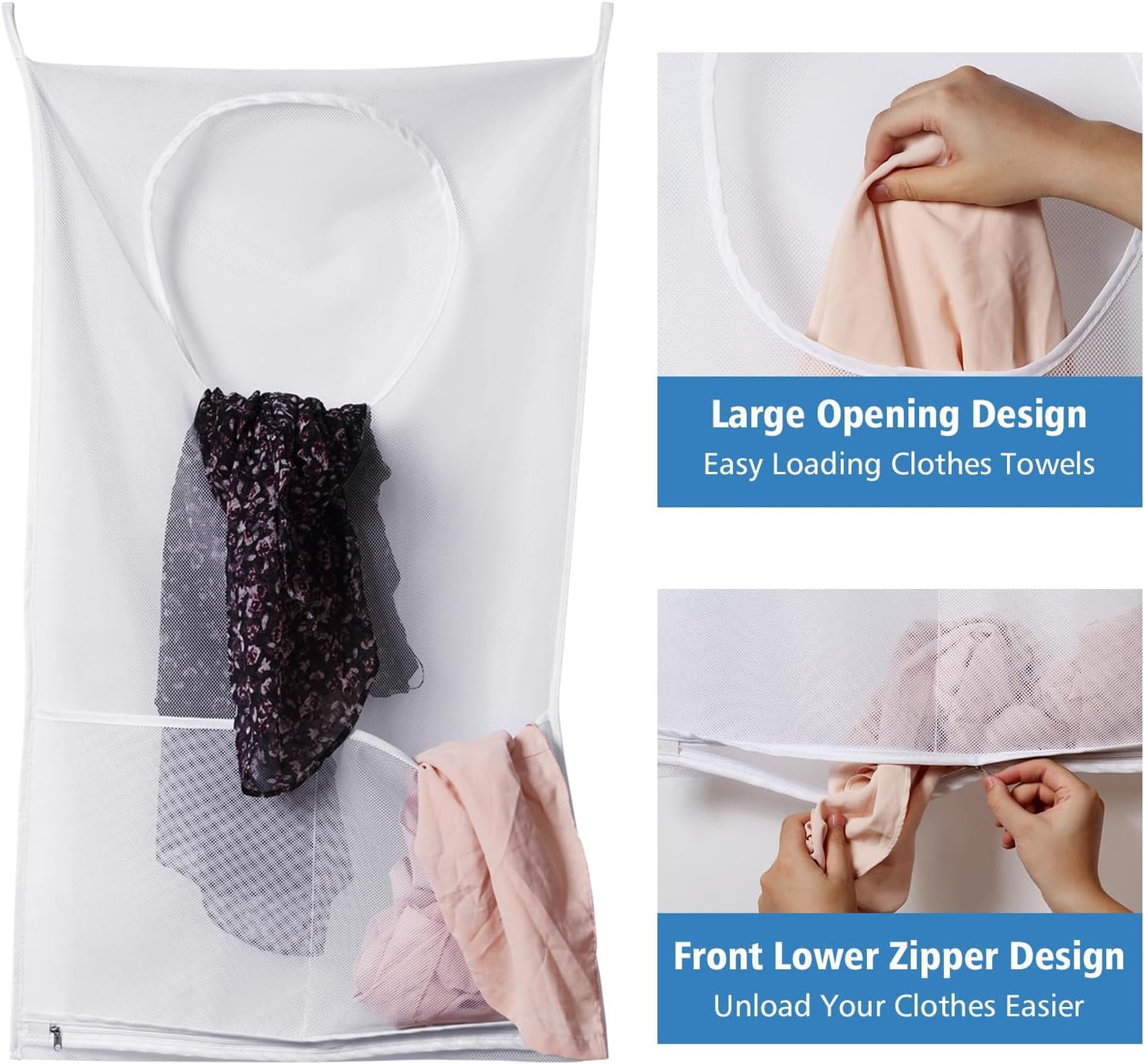 Saves Space Door-Hanging Laundry Bag,Door Hanging Laundry Hamper with 2 Different Types of Hooks, Polyester Fabric Hanging Laundry Basket for Clothes Size 22"X37" -2 Pack White