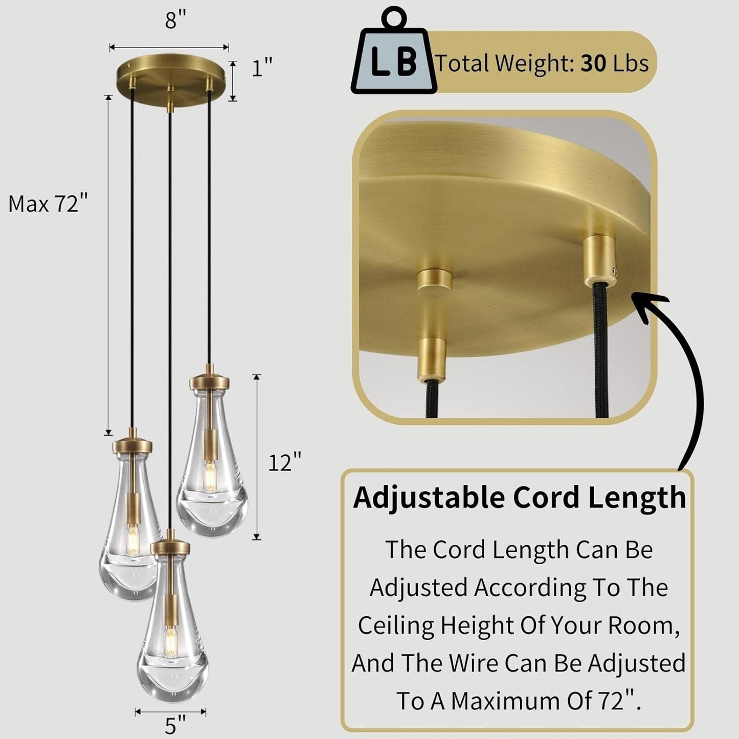 Brass 3 Light Pendant Lighting for Kitchen Island, Raindrop Cluster Pendant Light Fixture, Adjustable Hanging Rope Glass Chandelier Dining Room Light Fixture Ceiling Lamp for Foyer Hallway