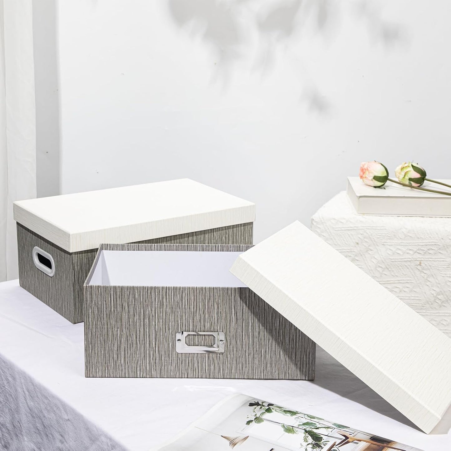 Briful Set of 2 Decorative Storage Boxes with Lids – Gray & White Nesting Organizer Bins, 14'' + 13'' Set Rectangular Fabric Covered Cardboard Boxes for Office, Closet, or Home Decor
